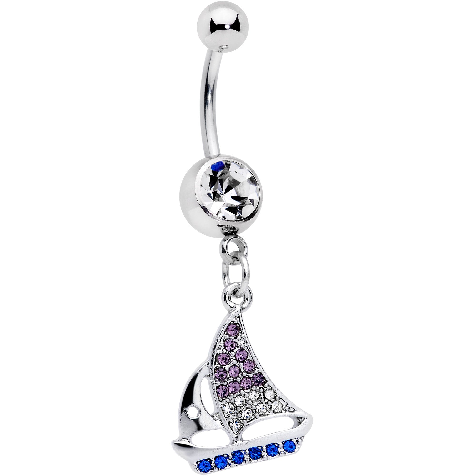 BodyCandy Clear Blue Purple Gem Sailboat Dangle Belly Ring — main product shot