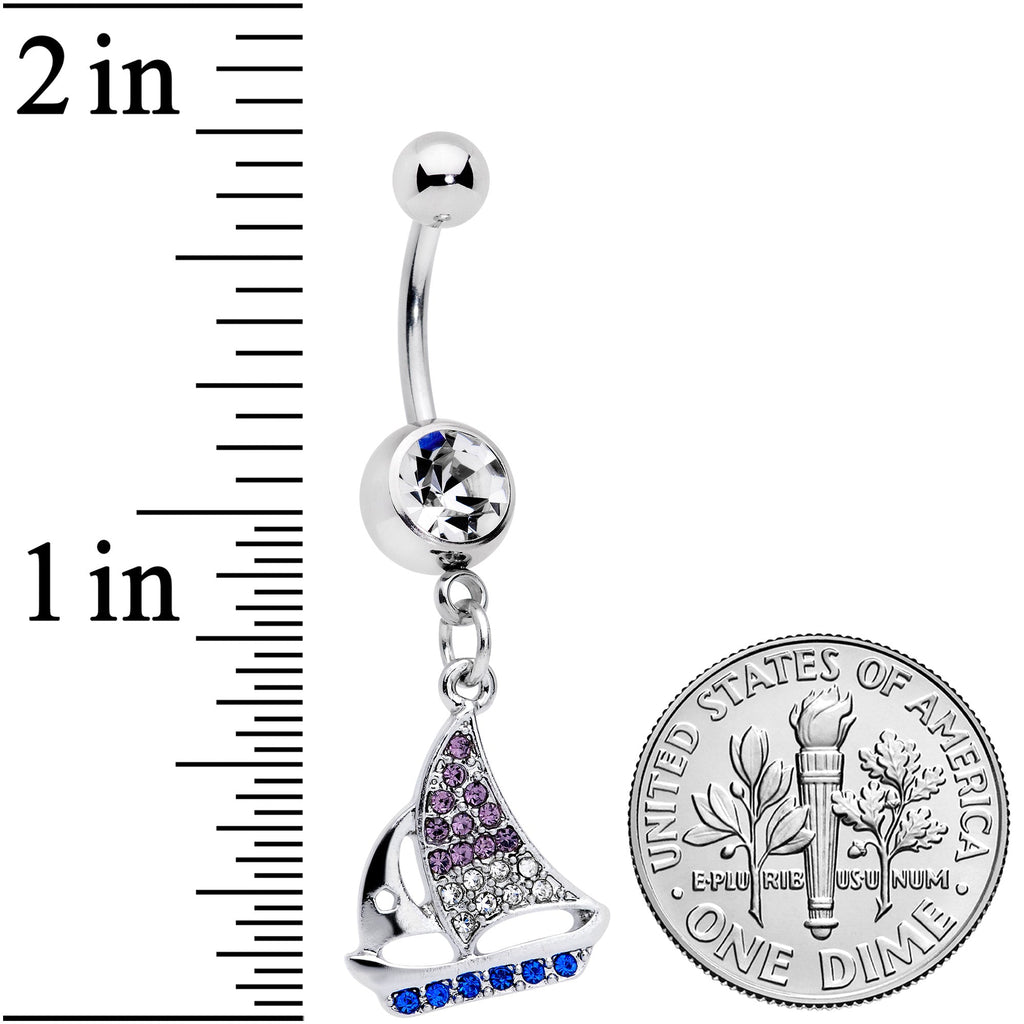 BodyCandy Clear Blue Purple Gem Sailboat Dangle Belly Ring — detail close-up