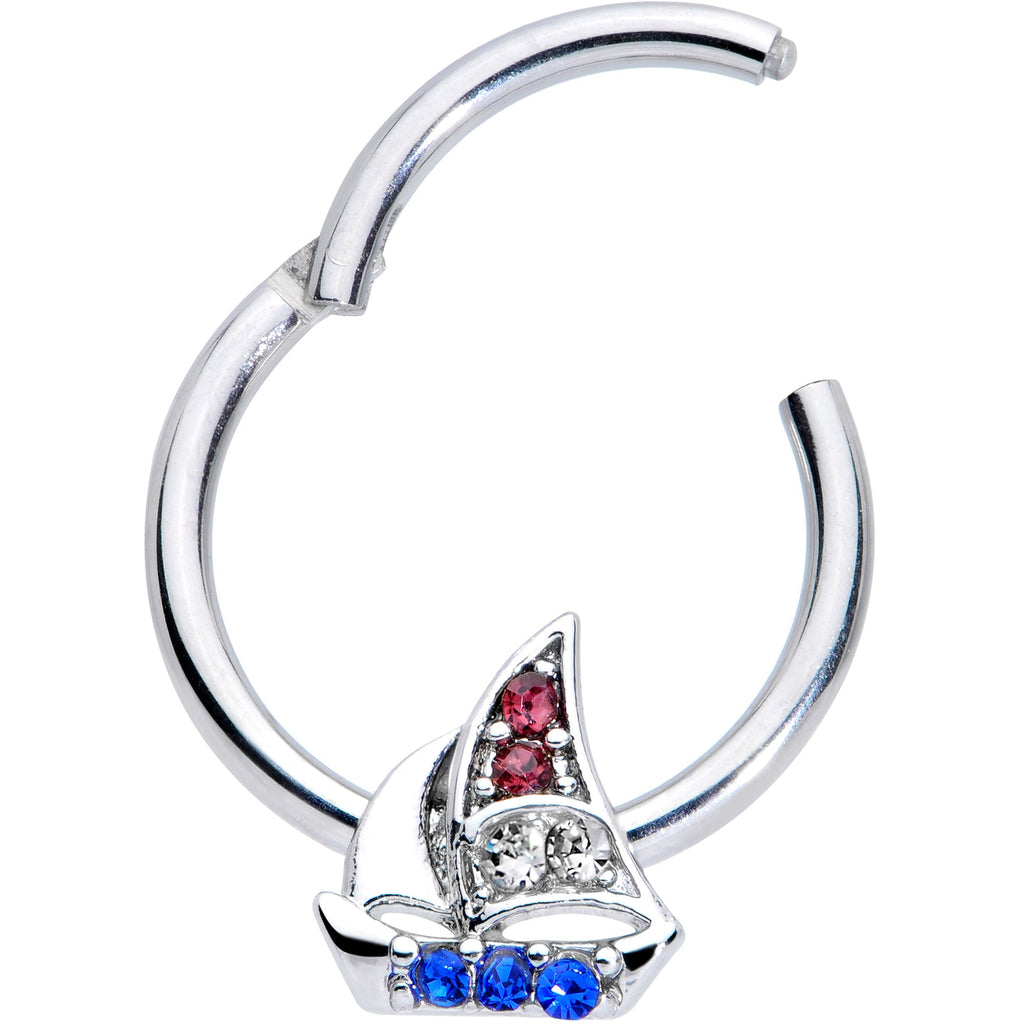 BodyCandy 16G 3/8 Blue Purple Gem Sailboat Hinged Segment Ring — detail close-up