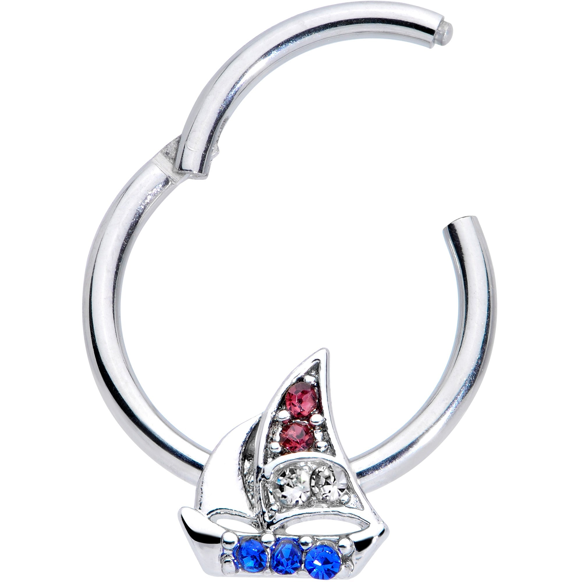 BodyCandy 16G 3/8 Blue Purple Gem Sailboat Hinged Segment Ring — detail close-up