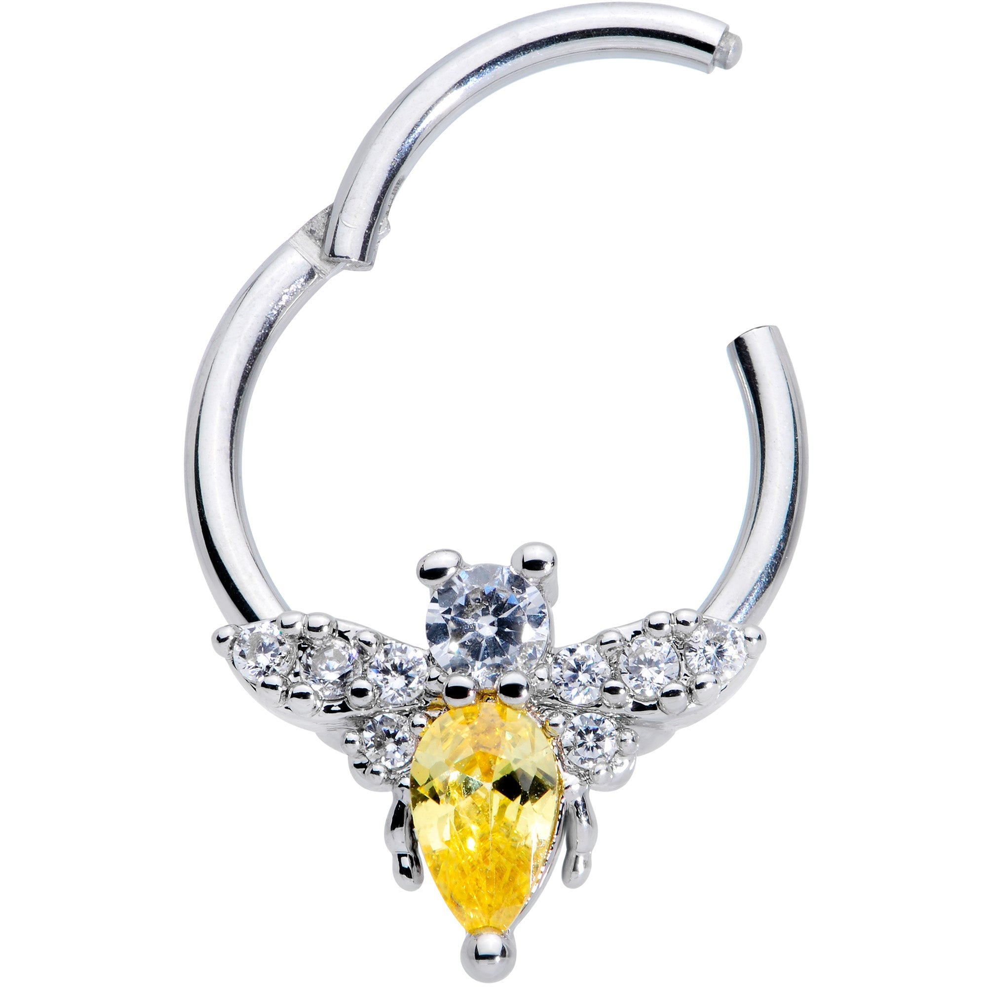 BodyCandy 16G 3/8 Yellow CZ Gem Bee Hinged Segment Ring — detail close-up