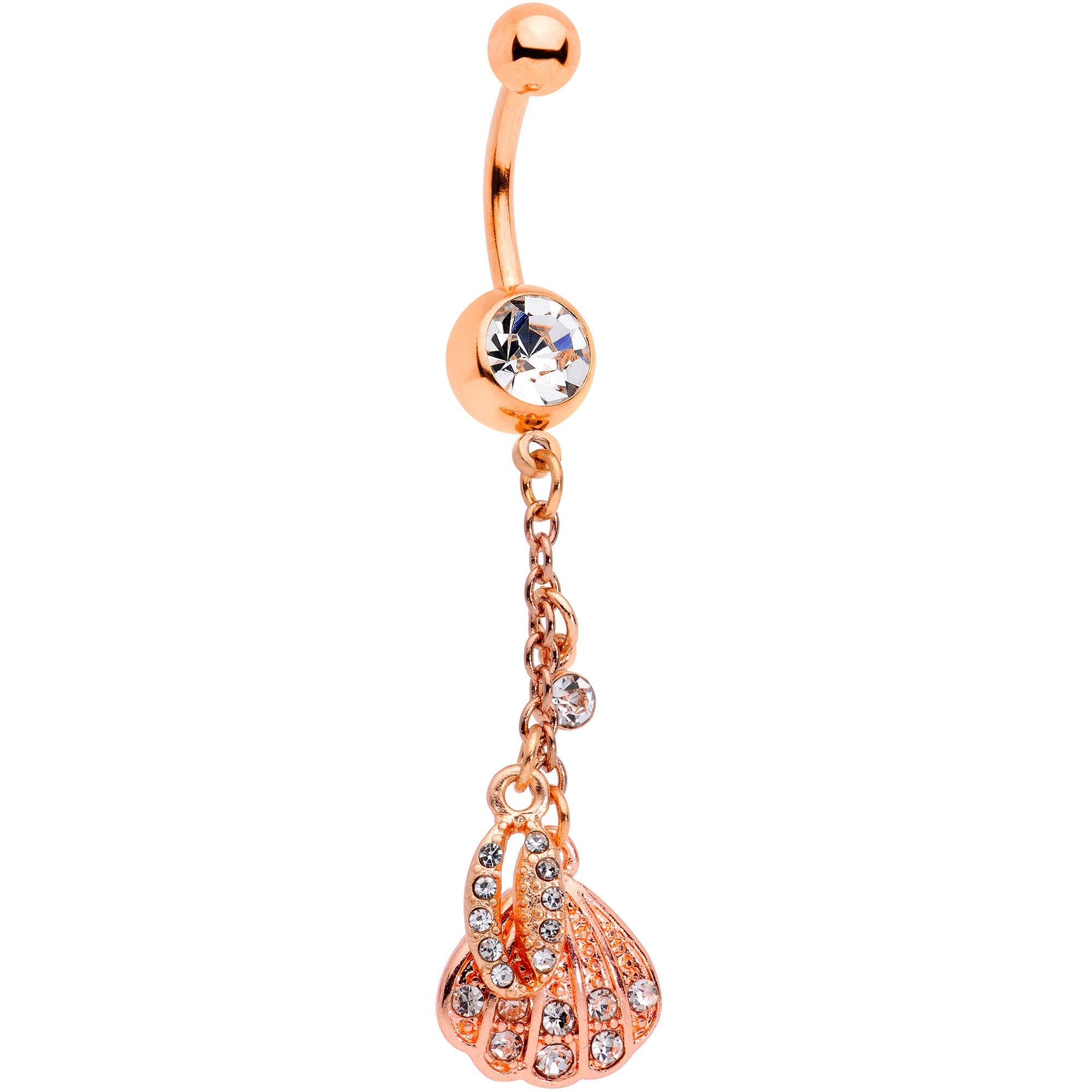 BodyCandy Clear Gem Rose Gold Tone Nautical Shell Dangle Belly Ring — main product shot