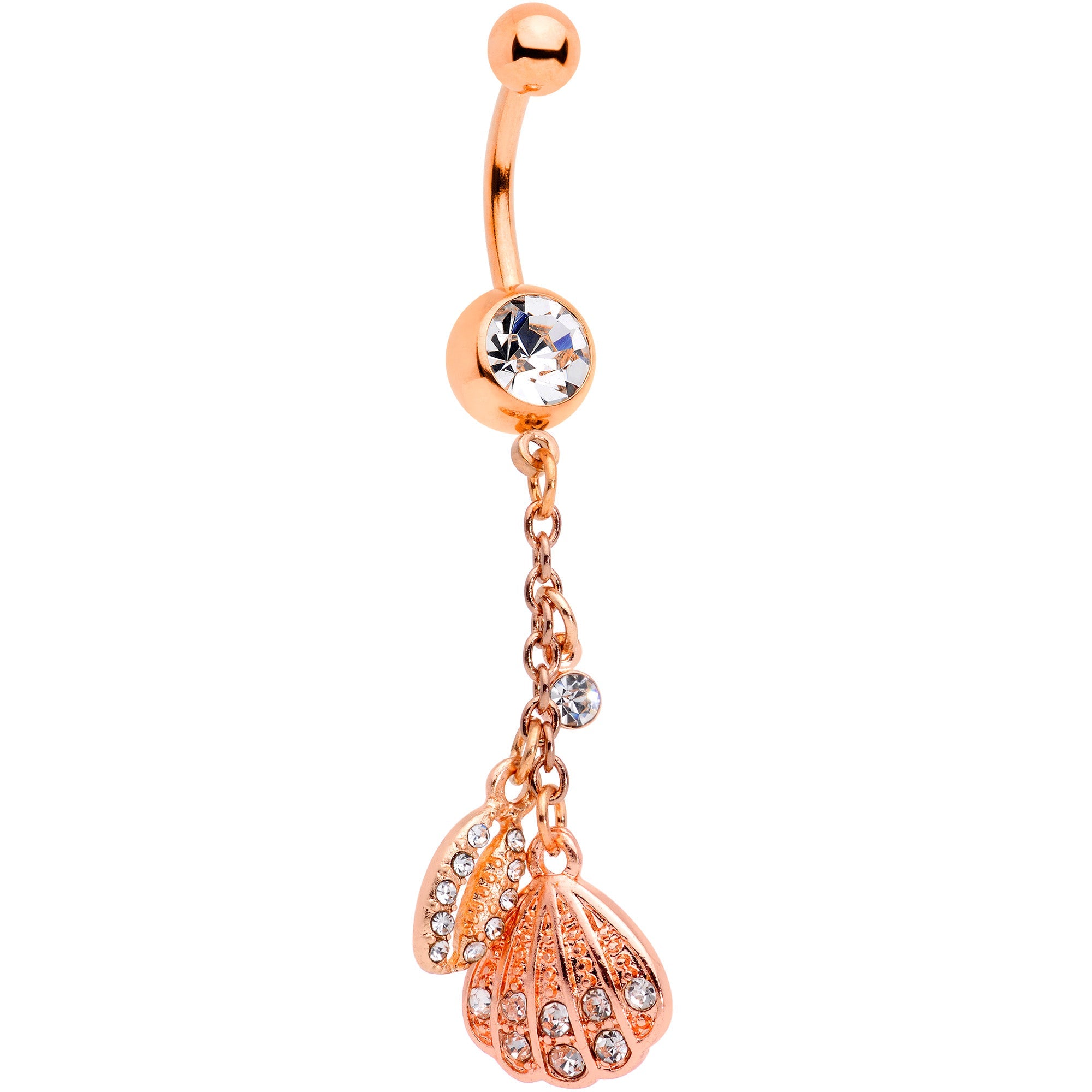 BodyCandy Clear Gem Rose Gold Tone Nautical Shell Dangle Belly Ring — lifestyle context