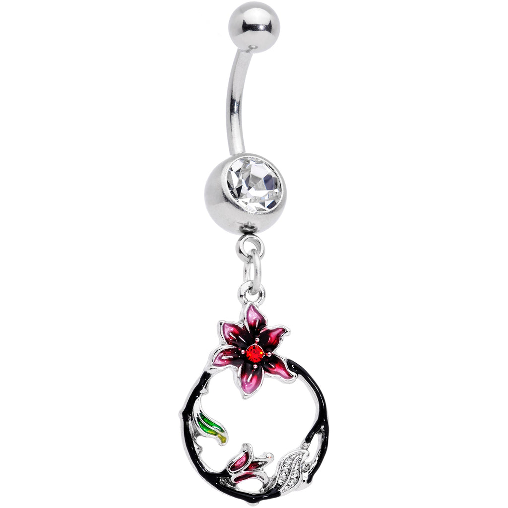 BodyCandy Clear Gem Black Hoop Pink Flower Dangle Belly Ring — main product shot