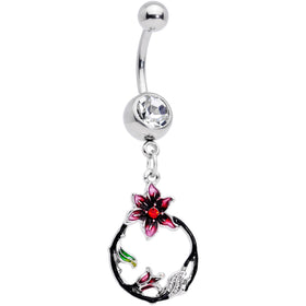 Clear Gem Black Hoop Pink Flower Dangle Belly Ring