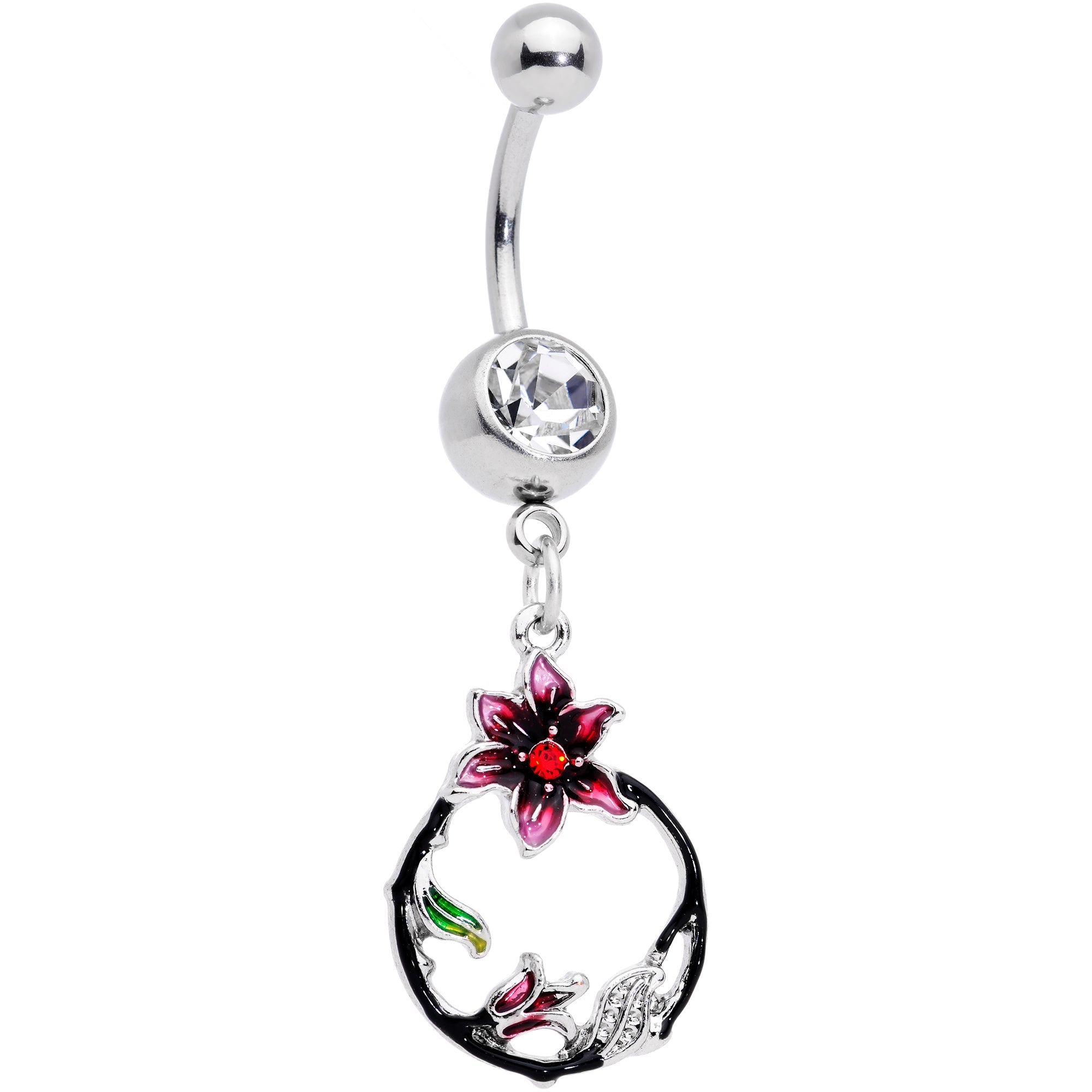 BodyCandy Clear Gem Black Hoop Pink Flower Dangle Belly Ring — main product shot