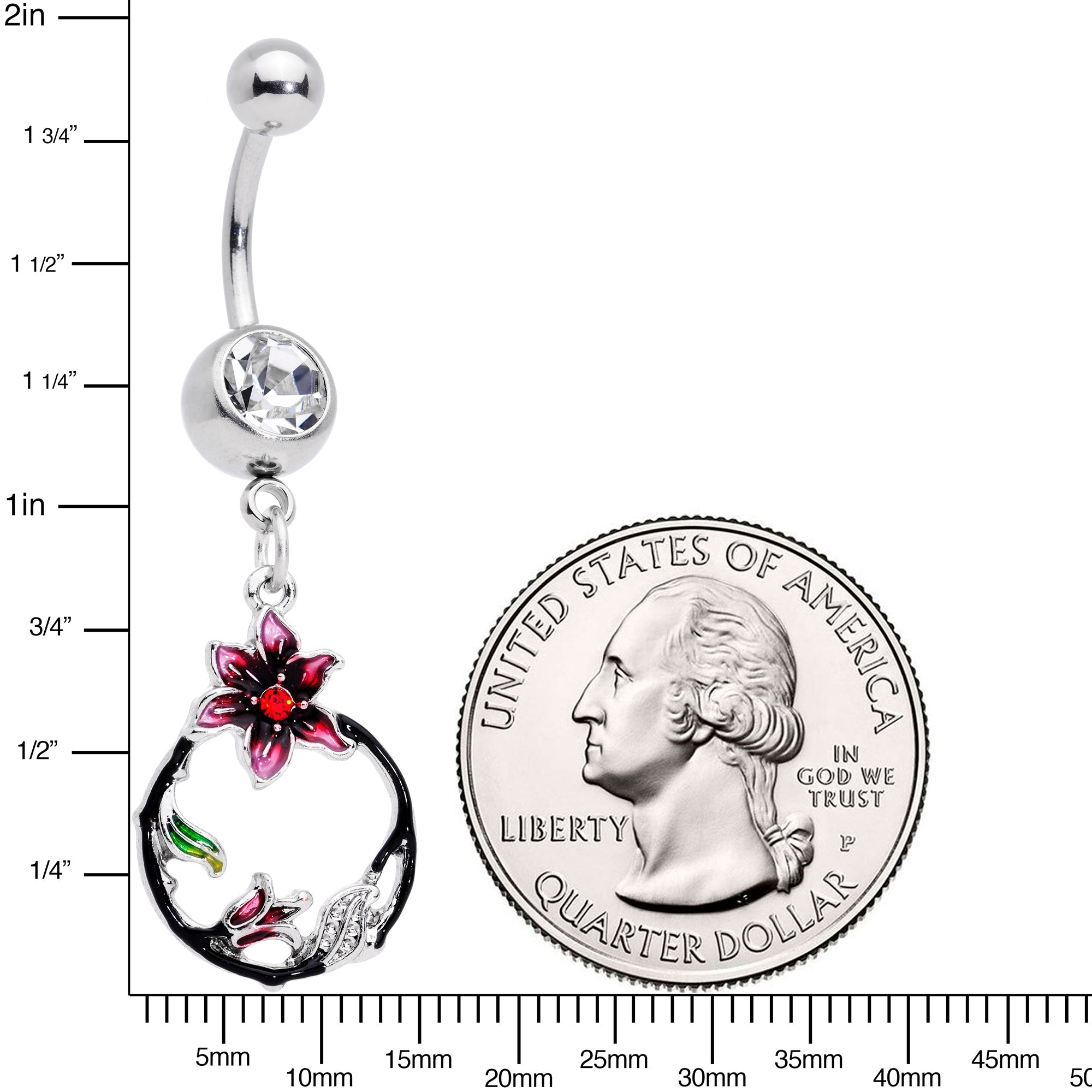 BodyCandy Clear Gem Black Hoop Pink Flower Dangle Belly Ring — detail close-up