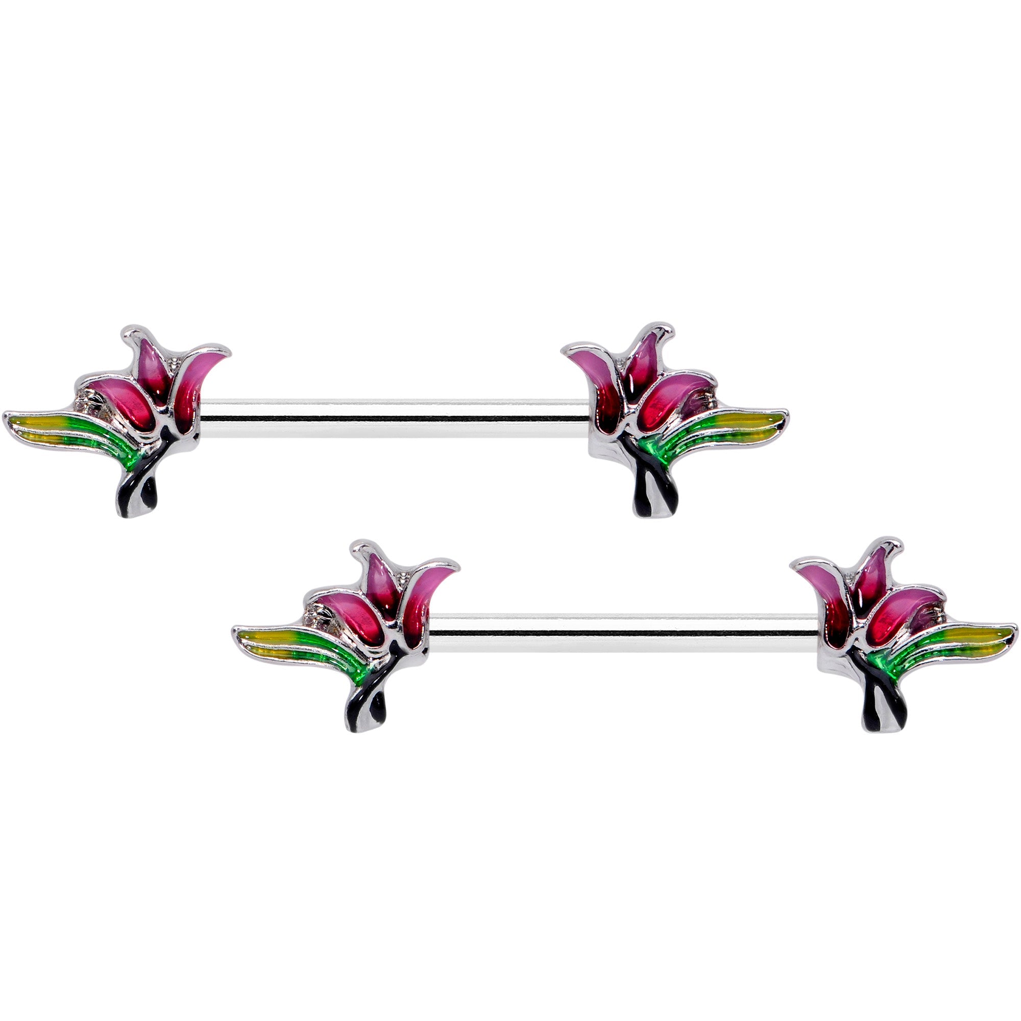 BodyCandy 14G 5/8 Green Purple Tropical Flower Barbell Nipple Ring Set — main product shot