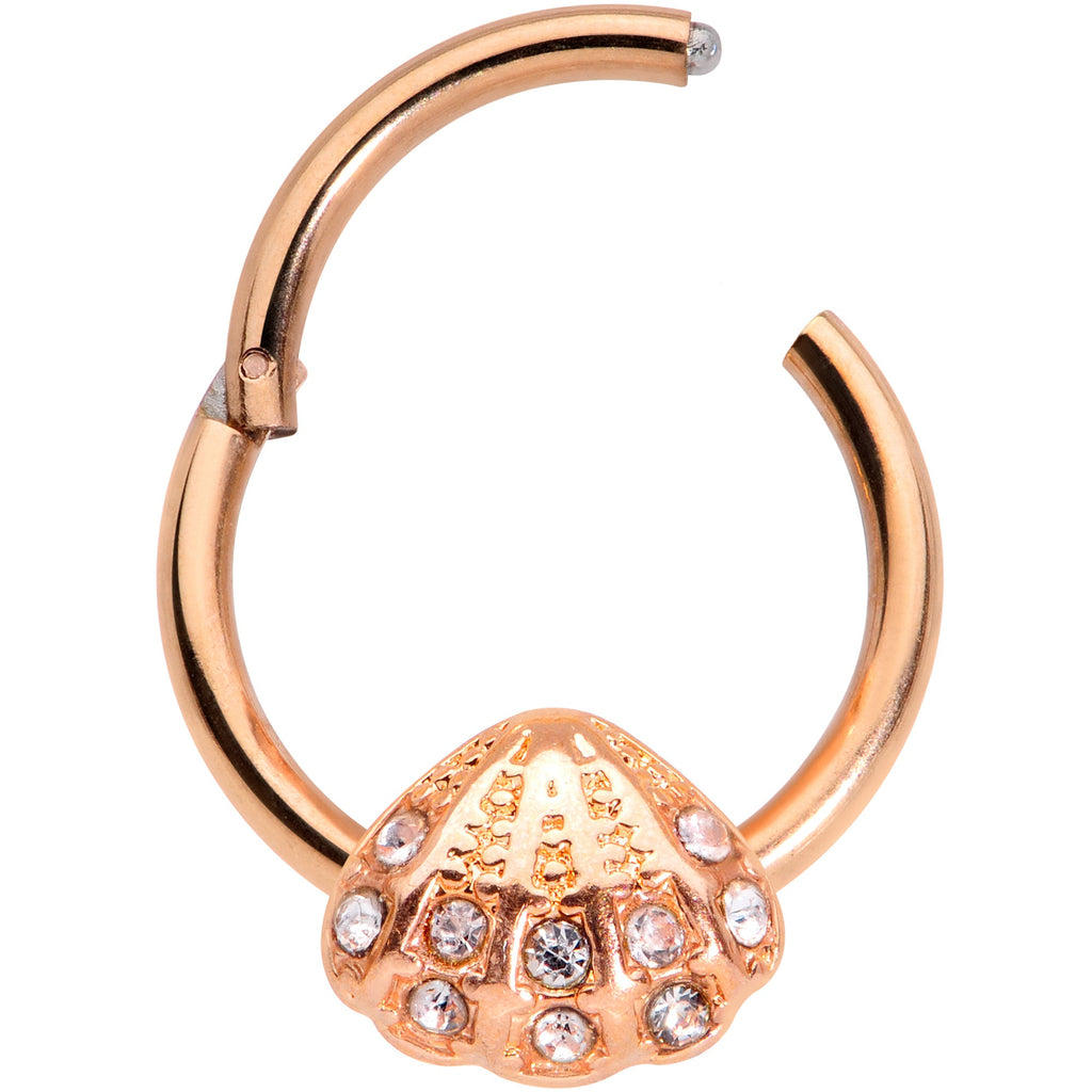 BodyCandy 16G 3/8 Clear Gem Rose Gold Tone Shell Hinged Segment Ring — detail close-up