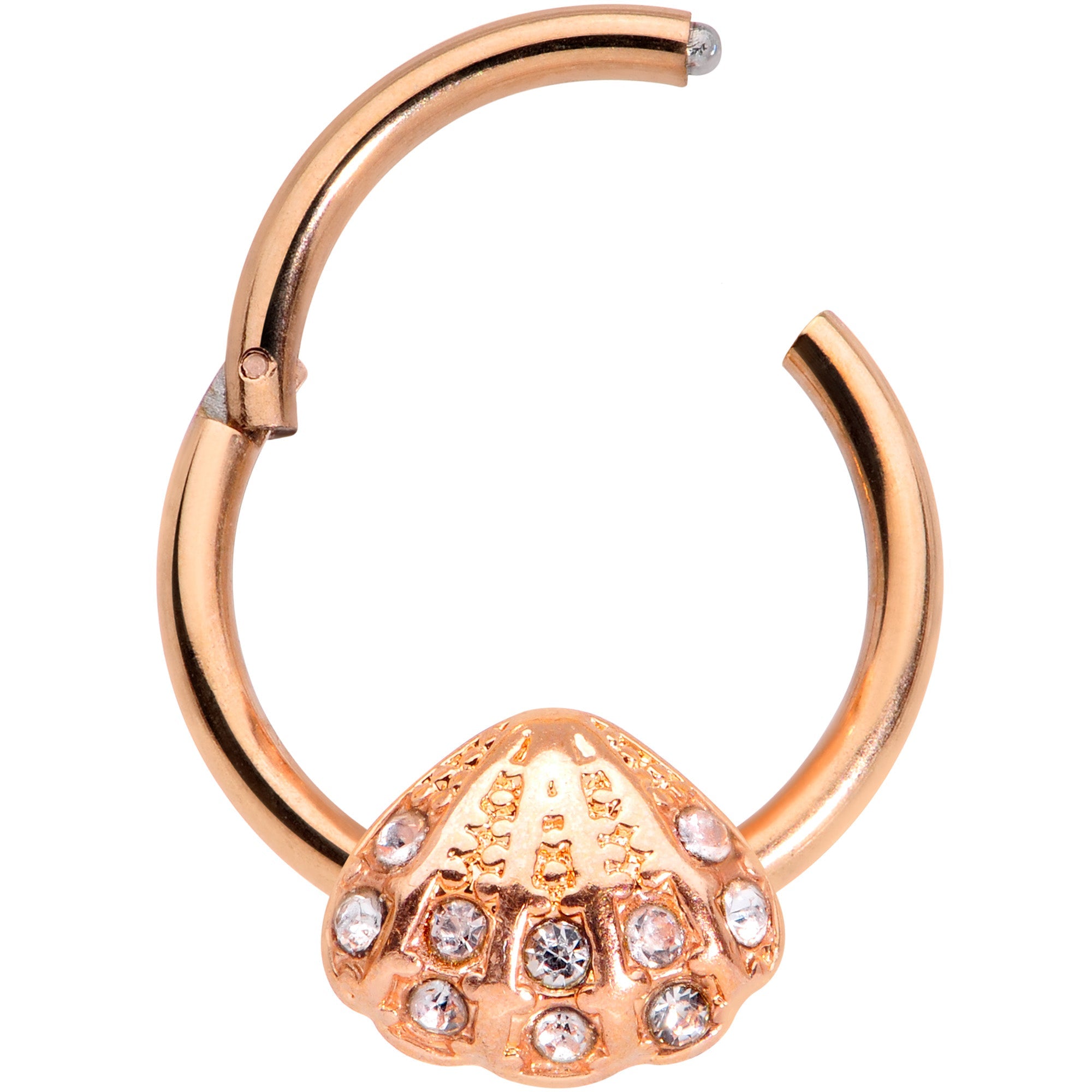 BodyCandy 16G 3/8 Clear Gem Rose Gold Tone Shell Hinged Segment Ring — detail close-up