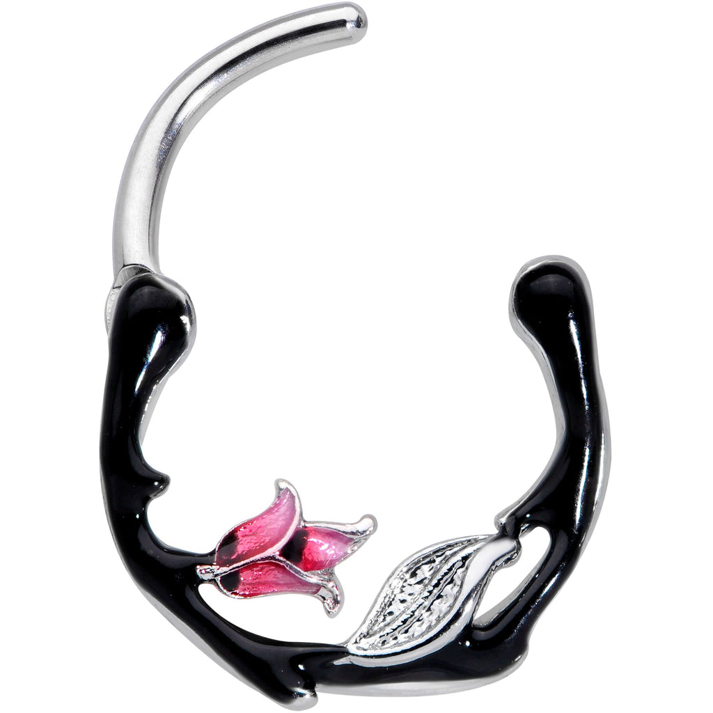 BodyCandy 16G 3/8 Pink Flower Black Cartilage Clicker — detail close-up