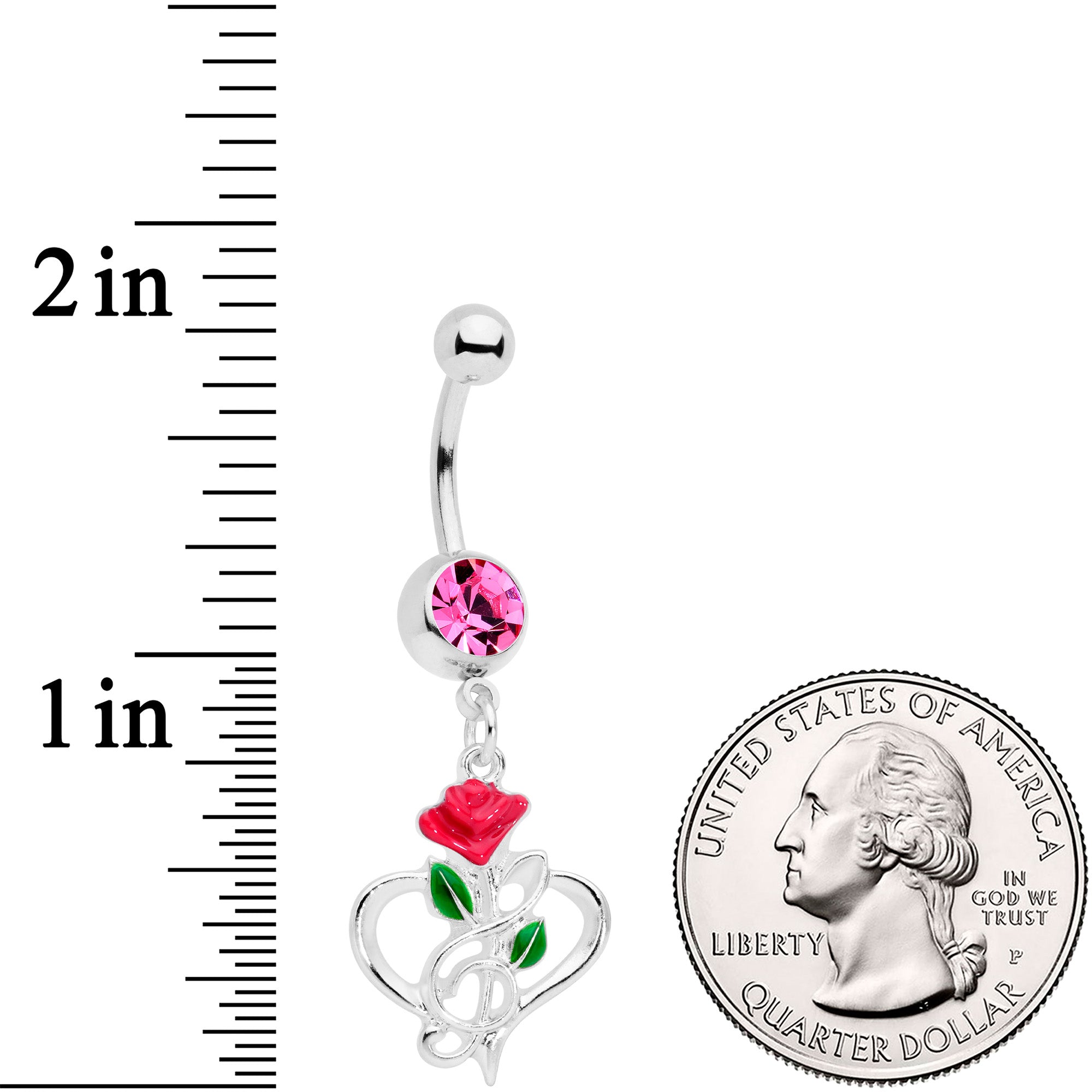 BodyCandy Pink Gem Heart Music Valentines Day Dangle Belly Ring — detail close-up