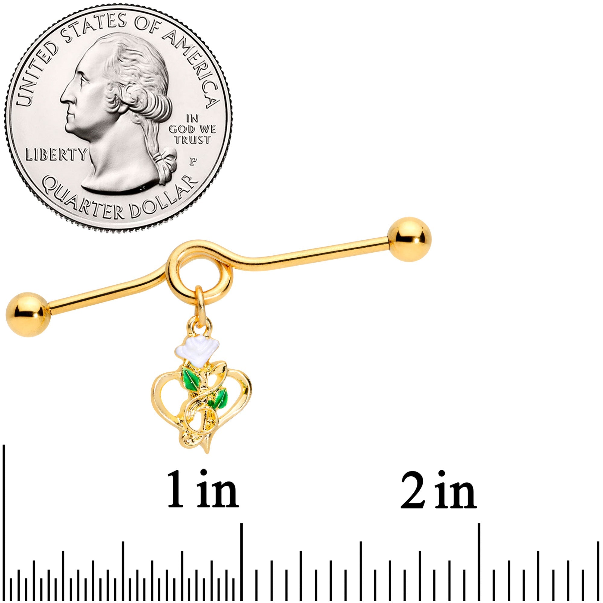 BodyCandy 14G Gold Tone Heart Music Valentine Dangle Project Barbell 38mm — detail close-up