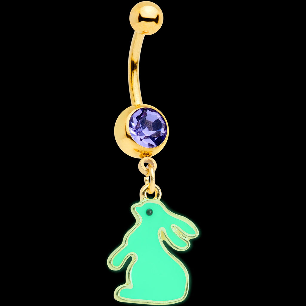 BodyCandy Purple Gem Gold Tone Easter Bunny Glow in the Dark Dangle Belly Ring — detail close-up
