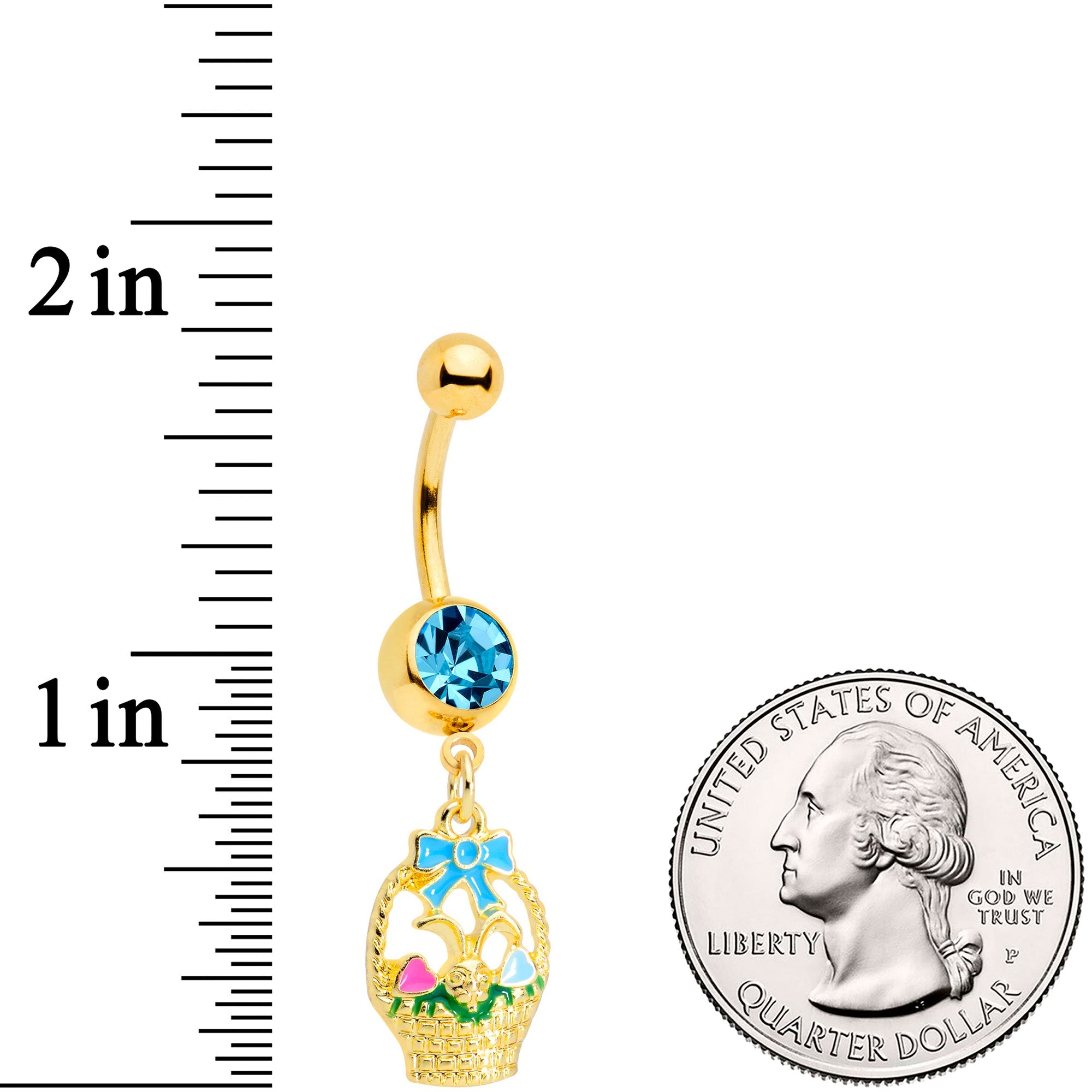 BodyCandy Aqua Gem Gold Tone Easter Basket Dangle Belly Ring — detail close-up