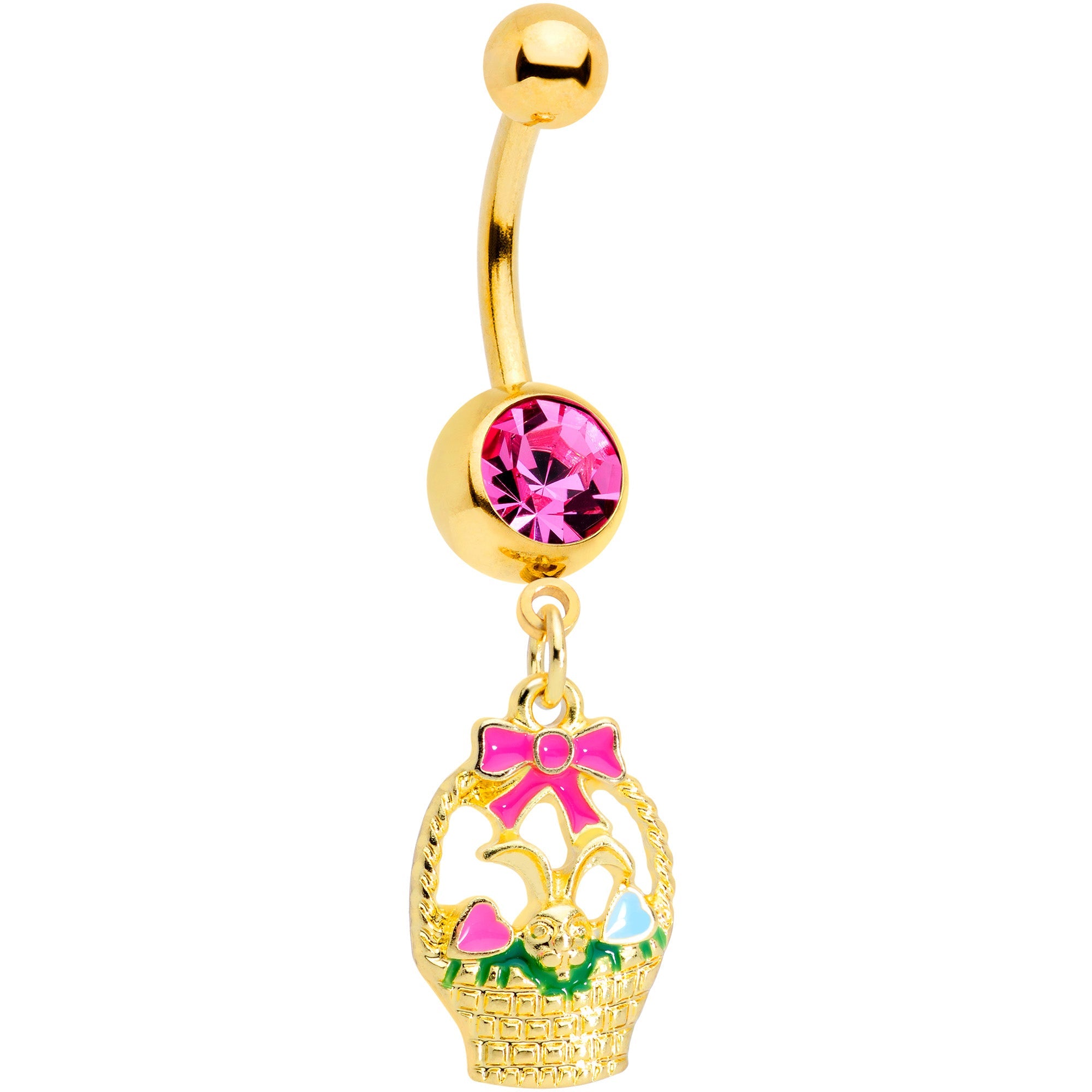 BodyCandy Pink Gem Gold Tone Easter Basket Dangle Belly Ring — main product shot