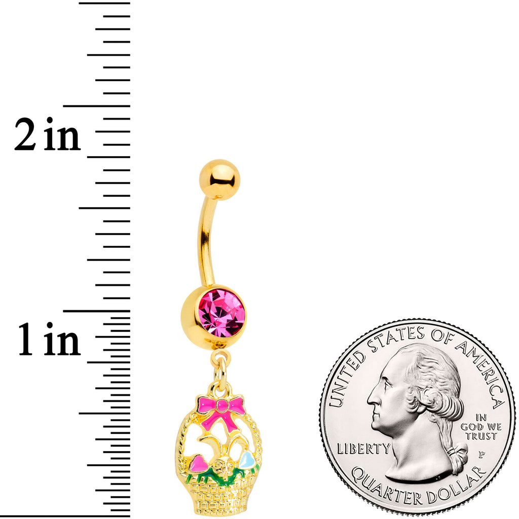 BodyCandy Pink Gem Gold Tone Easter Basket Dangle Belly Ring — detail close-up