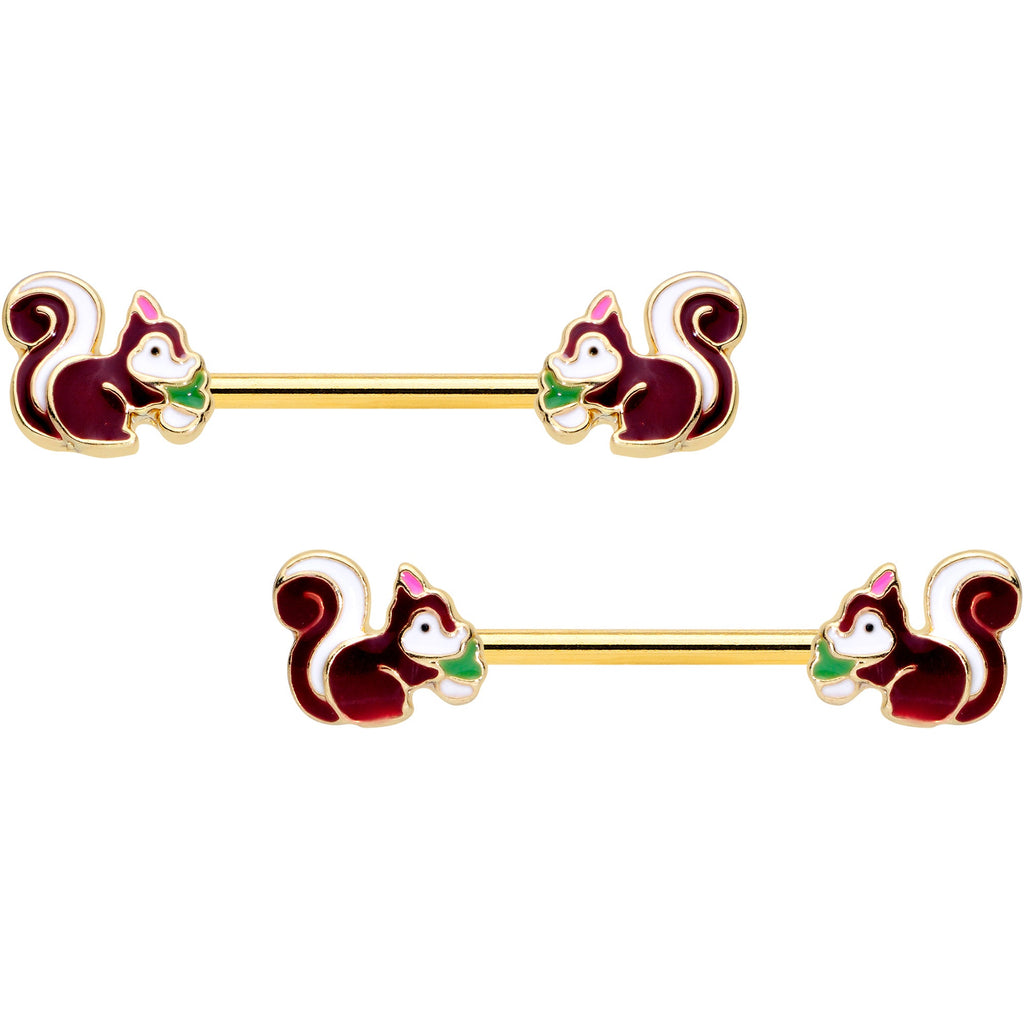 BodyCandy 14G 9/16 Gold Tone Snacking Squirrel Barbell Nipple Ring Set — main product shot