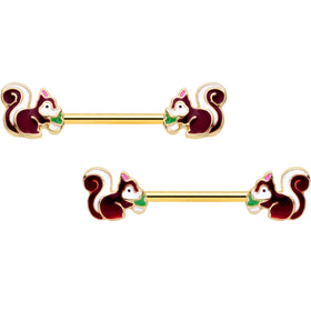 14G 9/16 Gold Tone Snacking Squirrel Barbell Nipple Ring Set