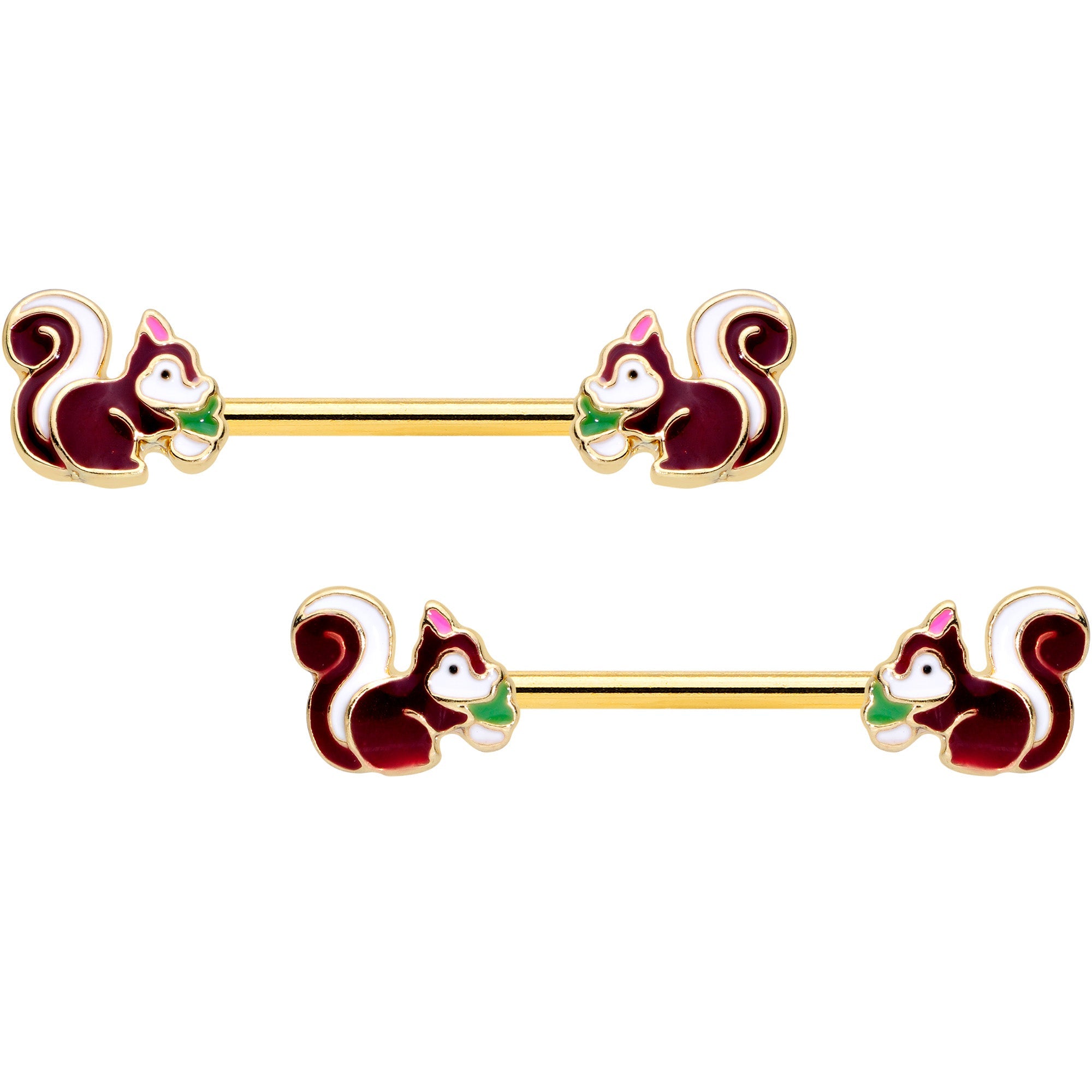 BodyCandy 14G 9/16 Gold Tone Snacking Squirrel Barbell Nipple Ring Set — main product shot