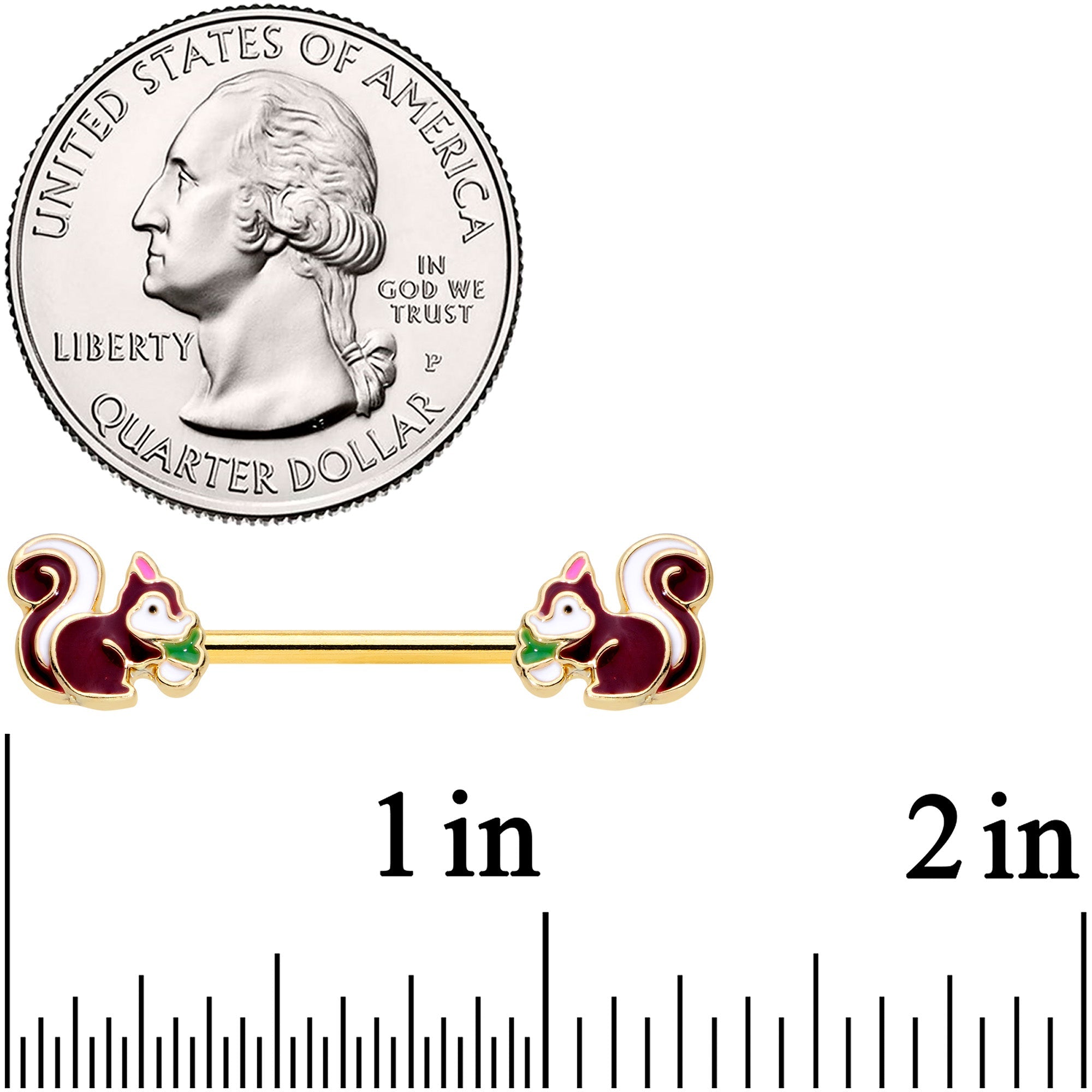 BodyCandy 14G 9/16 Gold Tone Snacking Squirrel Barbell Nipple Ring Set — detail close-up