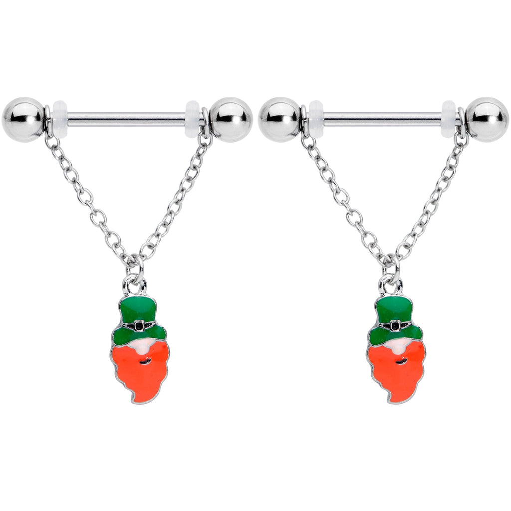 BodyCandy 14G 9/16 Green Leprechaun St Patricks Day Dangle Nipple Ring Set — detail close-up