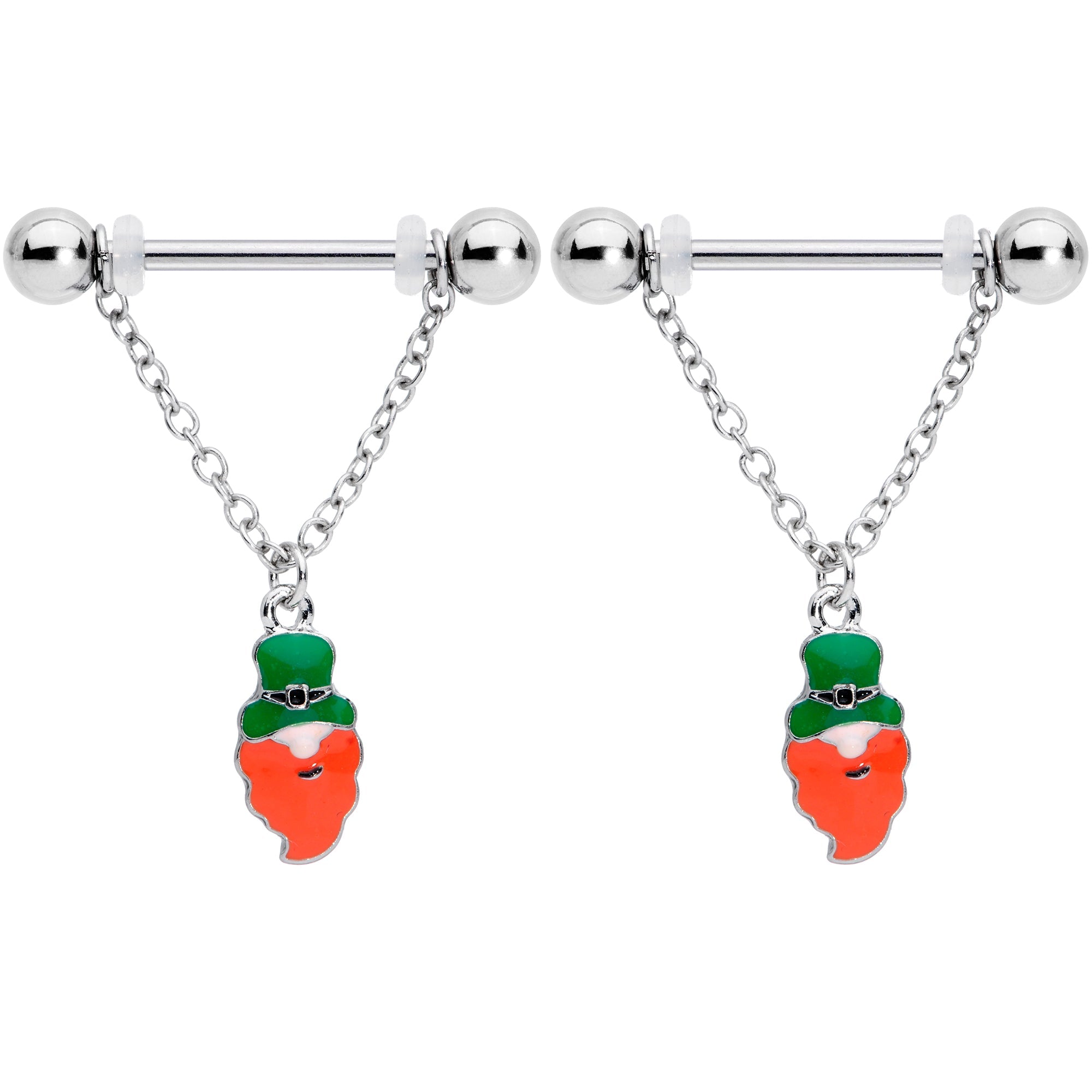 BodyCandy 14G 9/16 Green Leprechaun St Patricks Day Dangle Nipple Ring Set — detail close-up