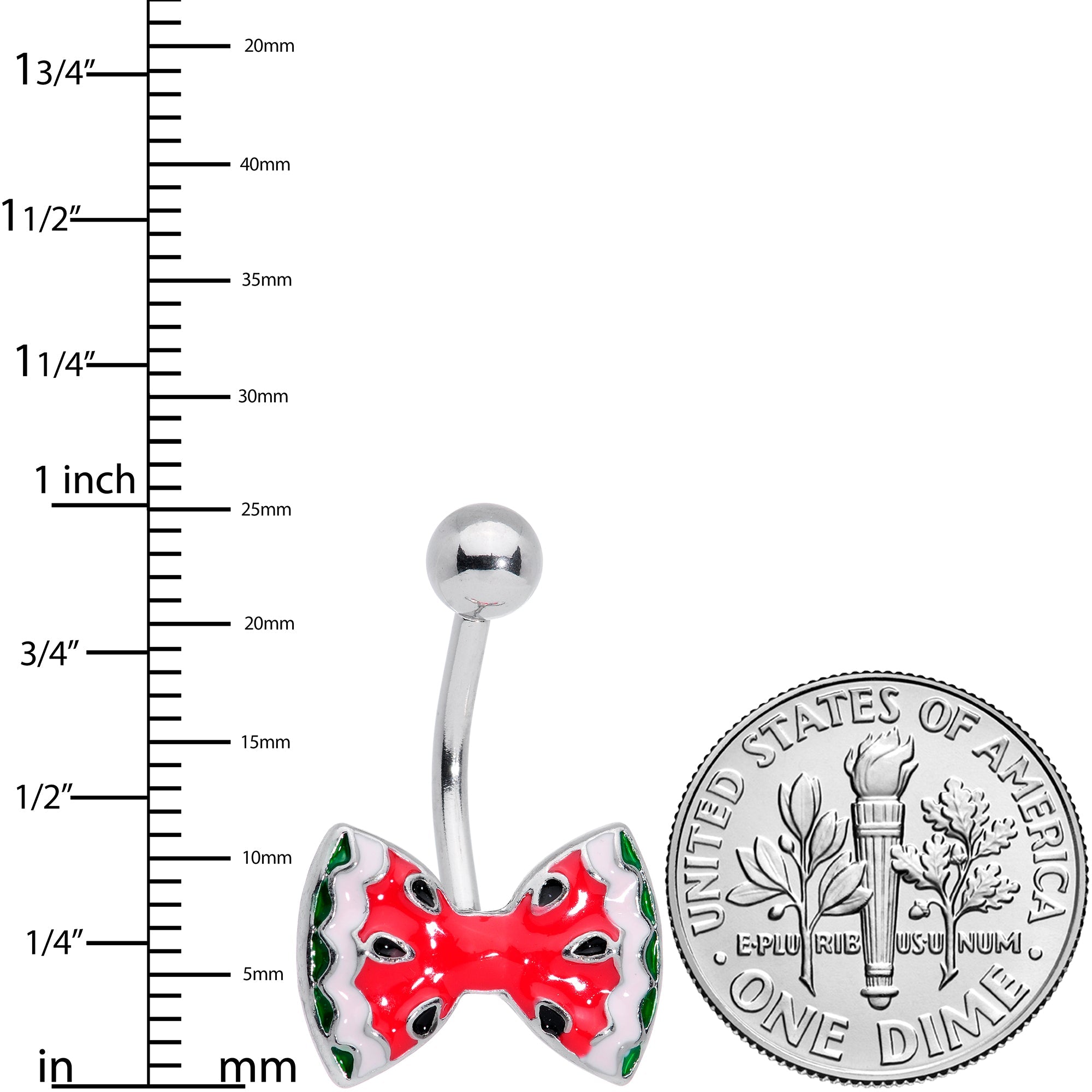 BodyCandy Red Green Sweet Summer Watermelon Bow Belly Ring — detail close-up