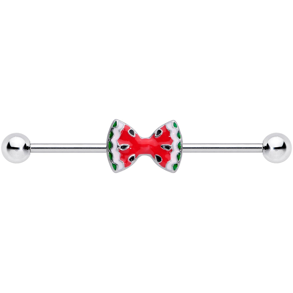 BodyCandy 14G Red Sweet Summer Watermelon Bow Industrial Barbell 38mm — detail close-up