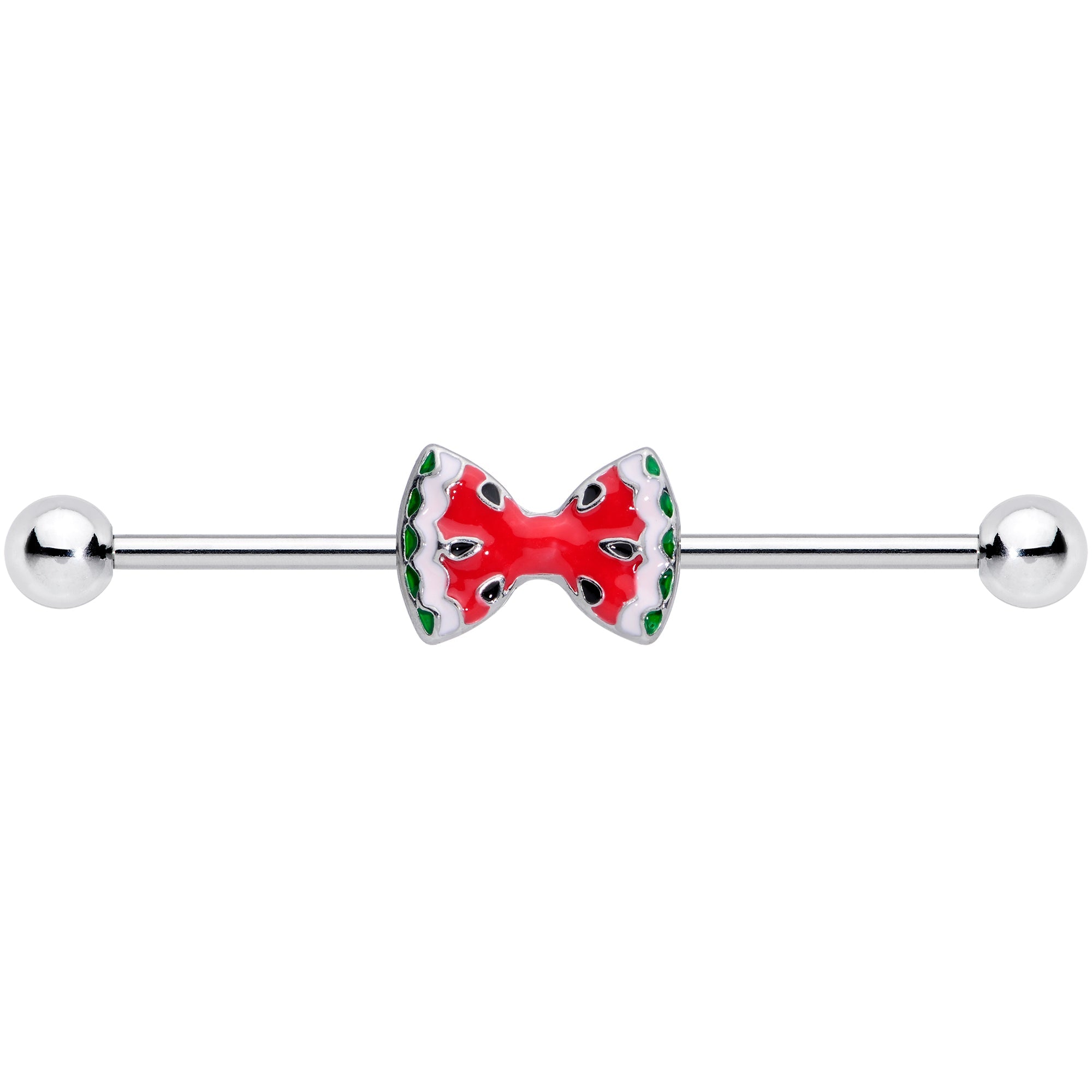 BodyCandy 14G Red Sweet Summer Watermelon Bow Industrial Barbell 38mm — detail close-up