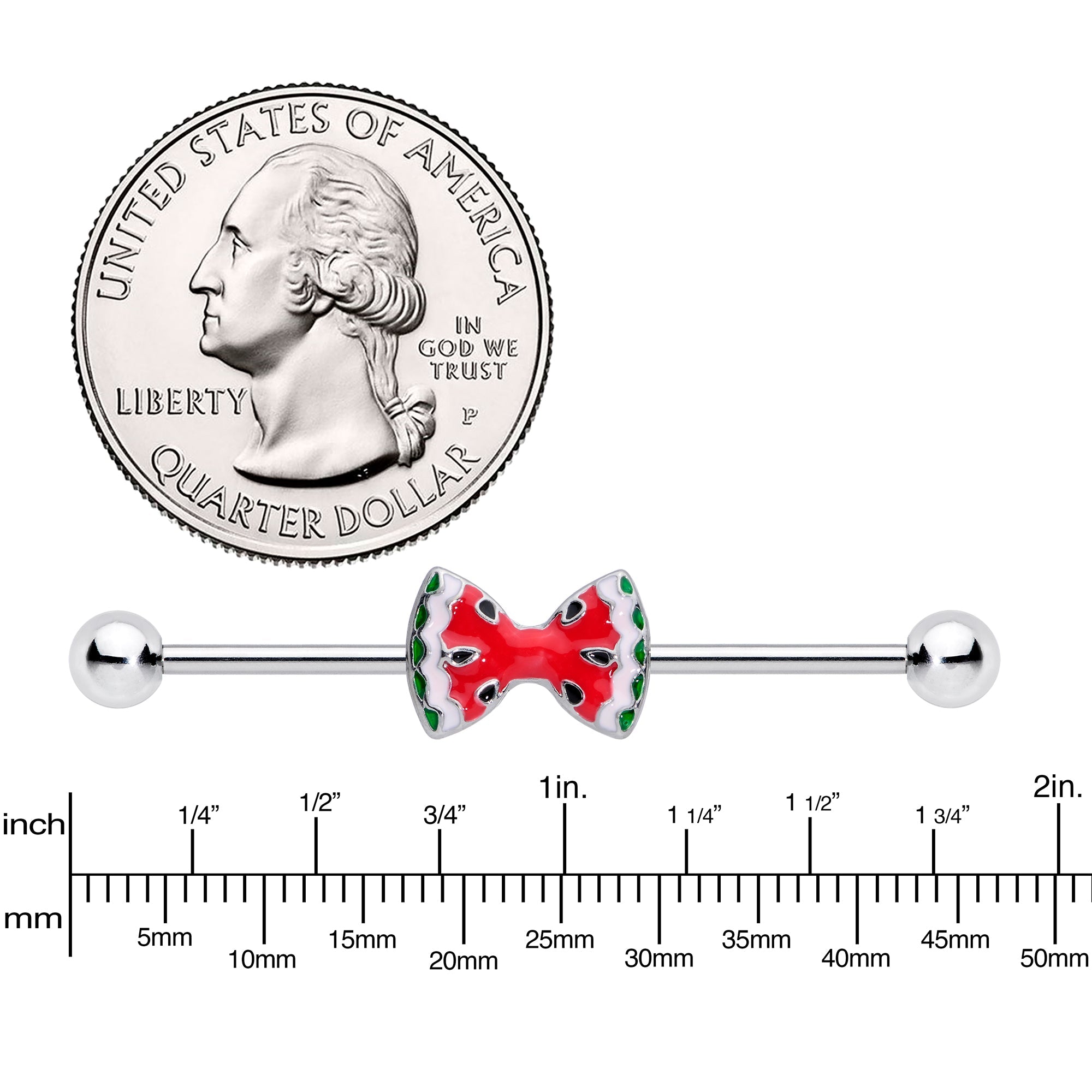 BodyCandy 14G Red Sweet Summer Watermelon Bow Industrial Barbell 38mm — lifestyle context