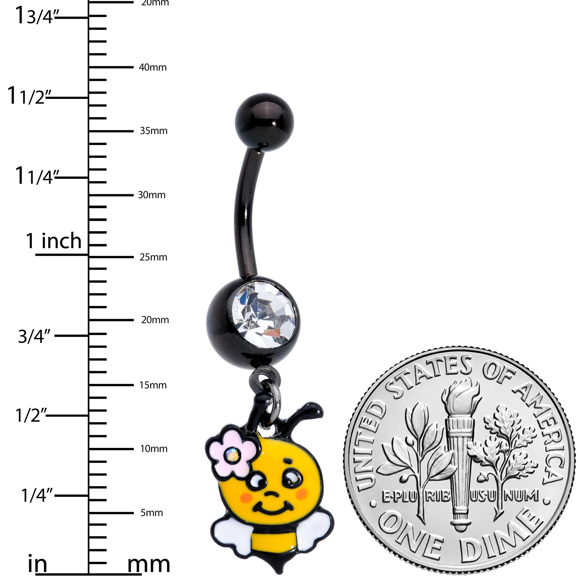 BodyCandy Clear Aurora Gem Black Happy Bee Dangle Belly Ring — detail close-up