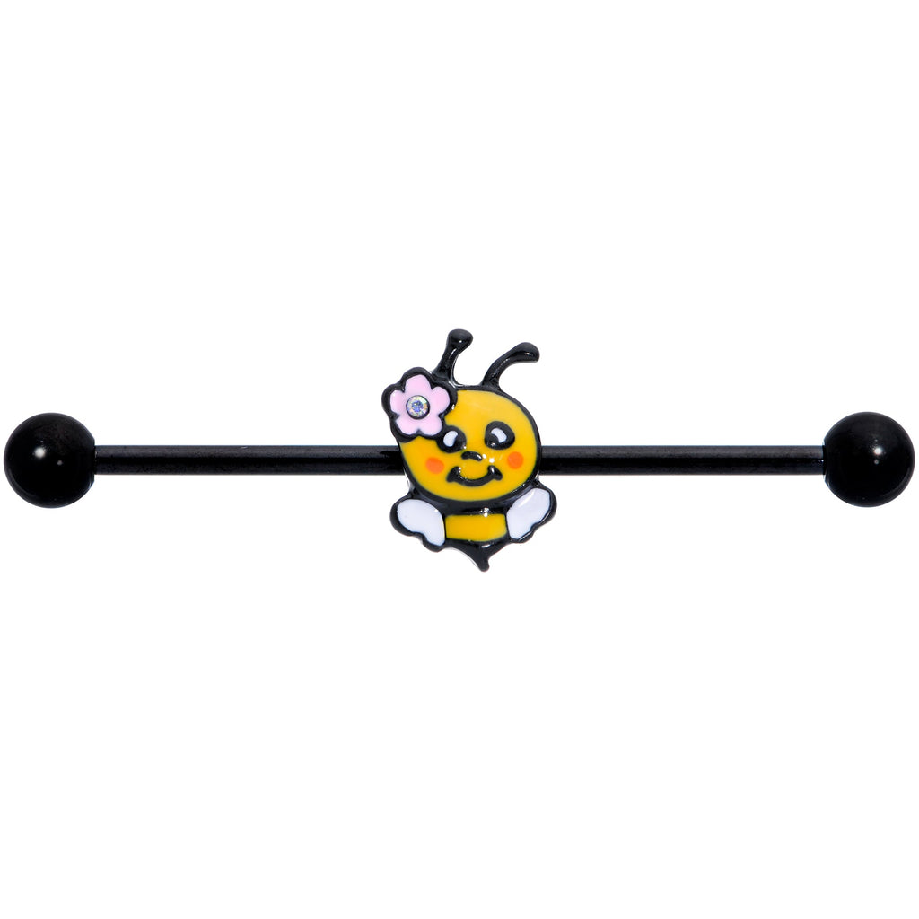 BodyCandy 14G Aurora Gem Black Yellow Happy Bee Industrial Barbell 38mm — detail close-up