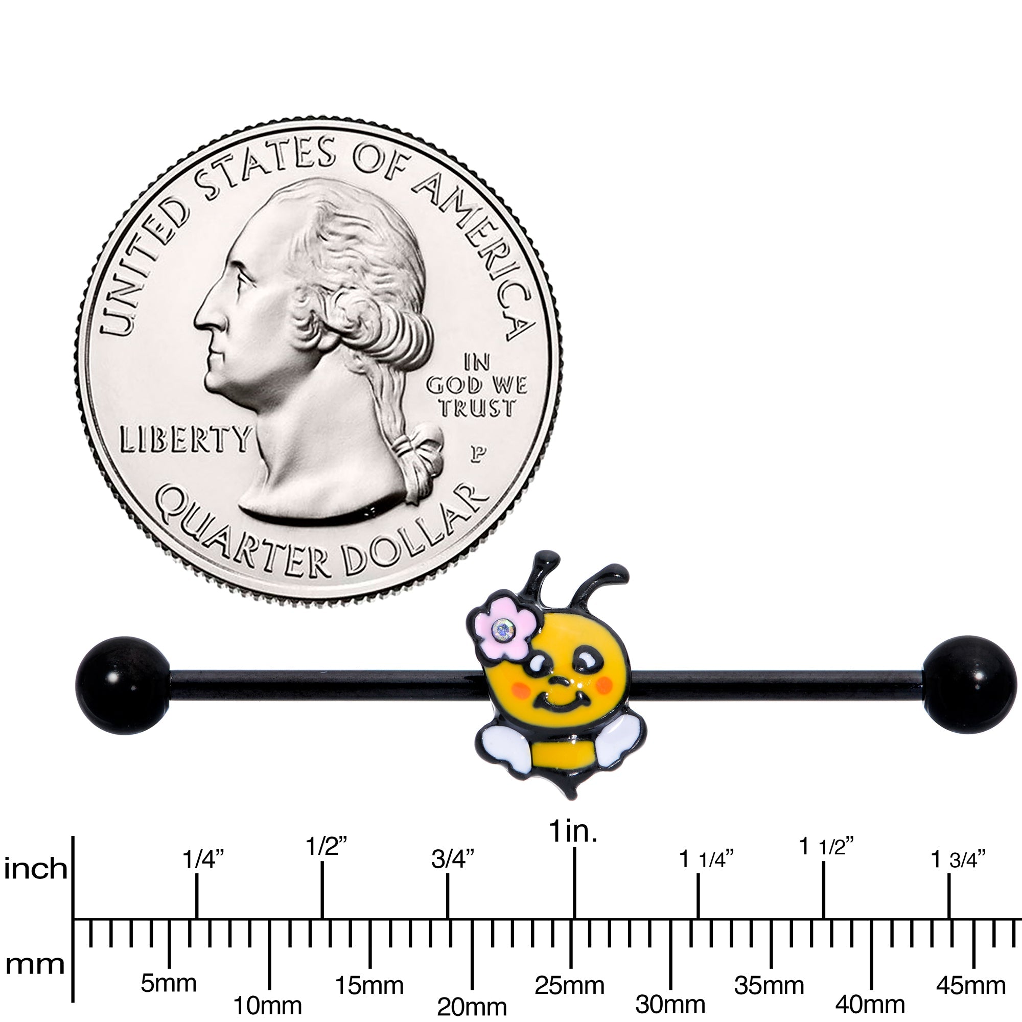 BodyCandy 14G Aurora Gem Black Yellow Happy Bee Industrial Barbell 38mm — lifestyle context