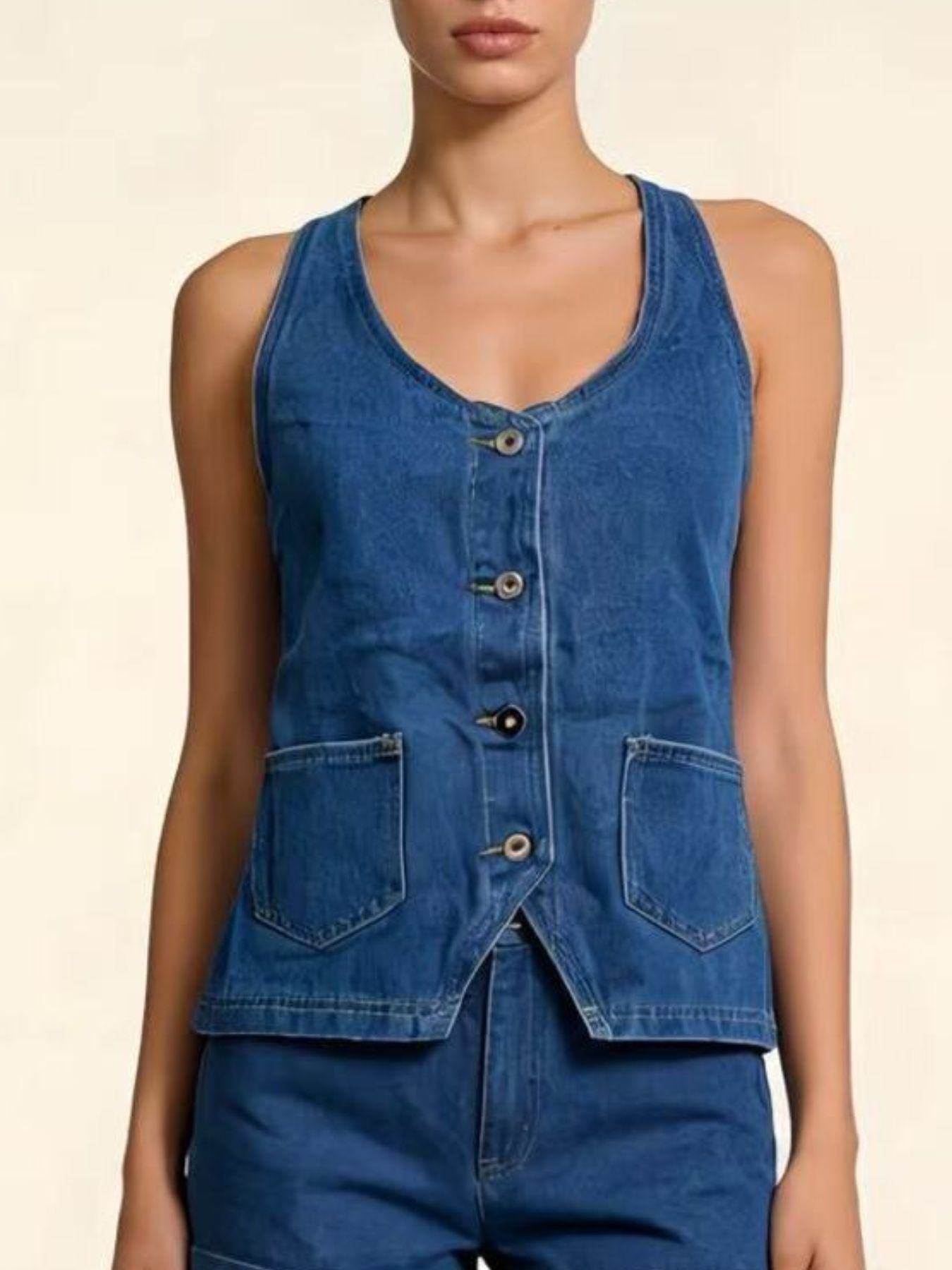 Halter Neck Button-Down Denim Vest