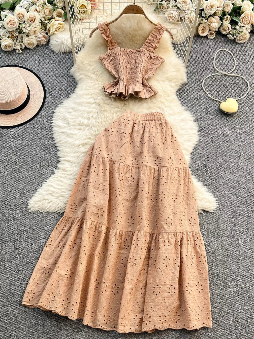 Smocked Crop Top and Hollow-Out Skirt Set