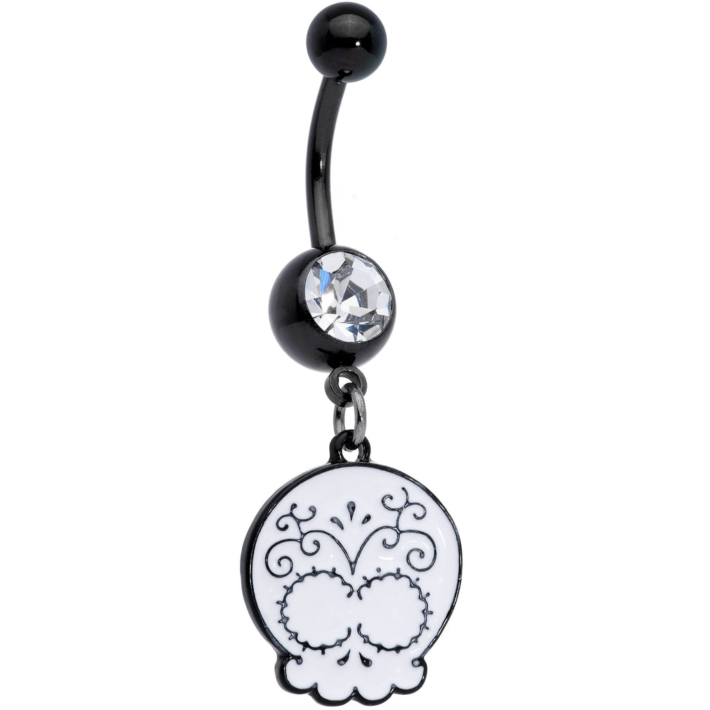 BodyCandy Clear Gem Black White Calavera Sugar Skull Dangle Belly Ring — main product shot