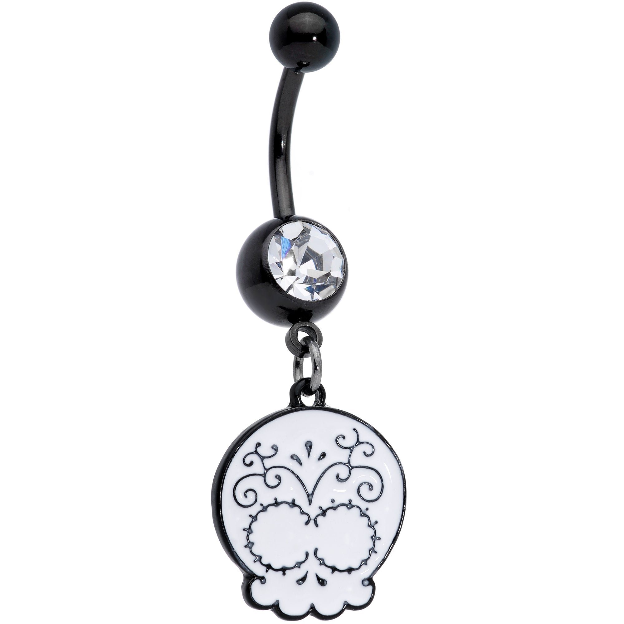 BodyCandy Clear Gem Black White Calavera Sugar Skull Dangle Belly Ring — main product shot