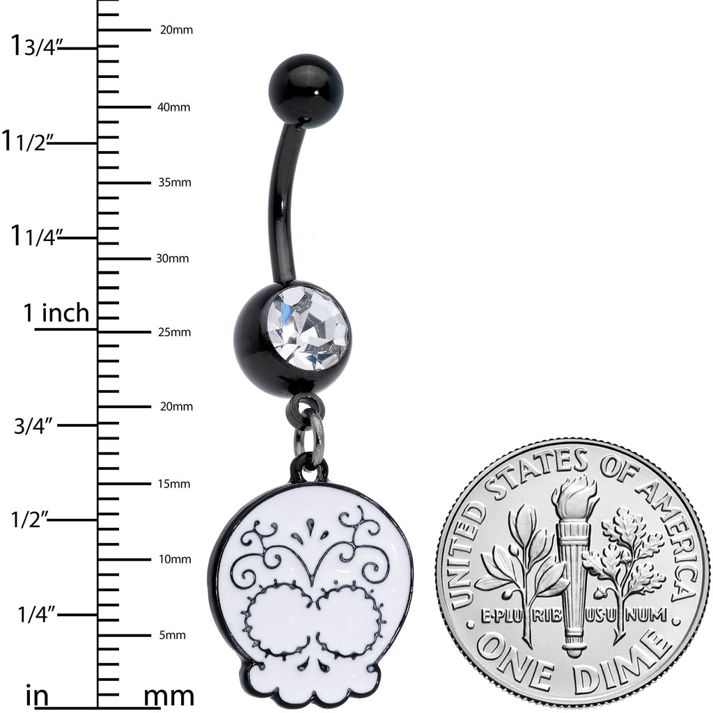 BodyCandy Clear Gem Black White Calavera Sugar Skull Dangle Belly Ring — detail close-up
