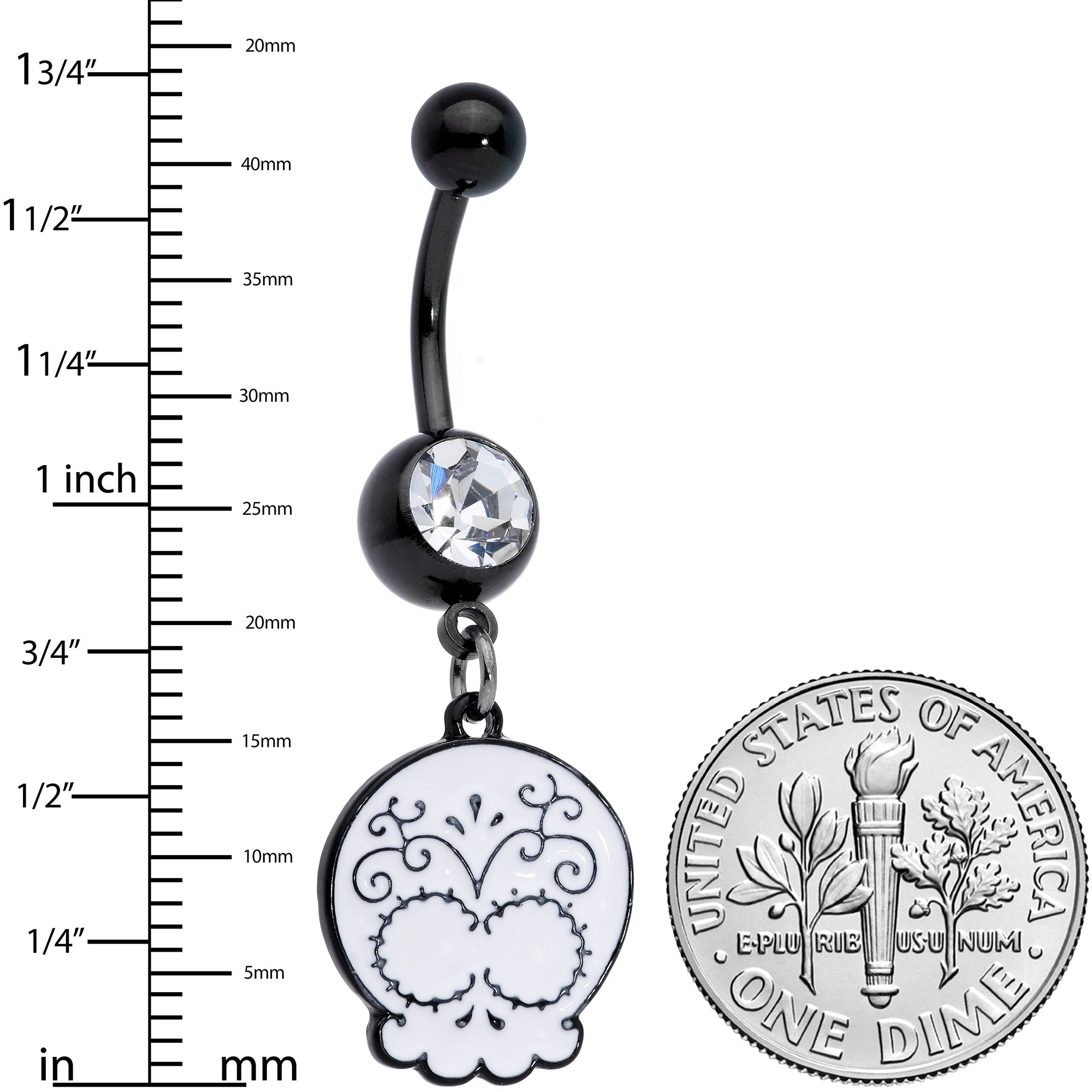 BodyCandy Clear Gem Black White Calavera Sugar Skull Dangle Belly Ring — detail close-up