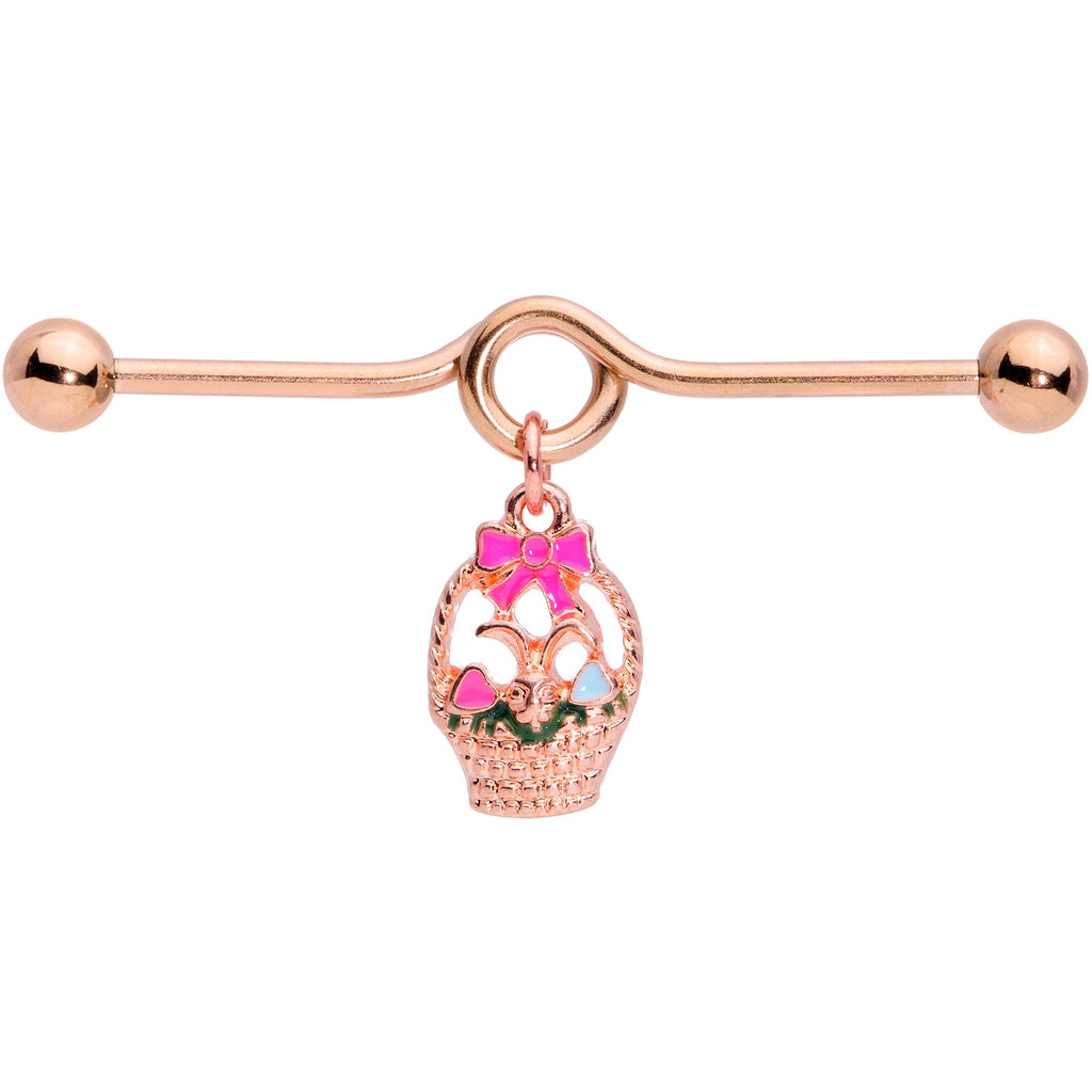 BodyCandy 14G Rose Gold Tone Easter Basket Dangle Project Bar 38mm — detail close-up