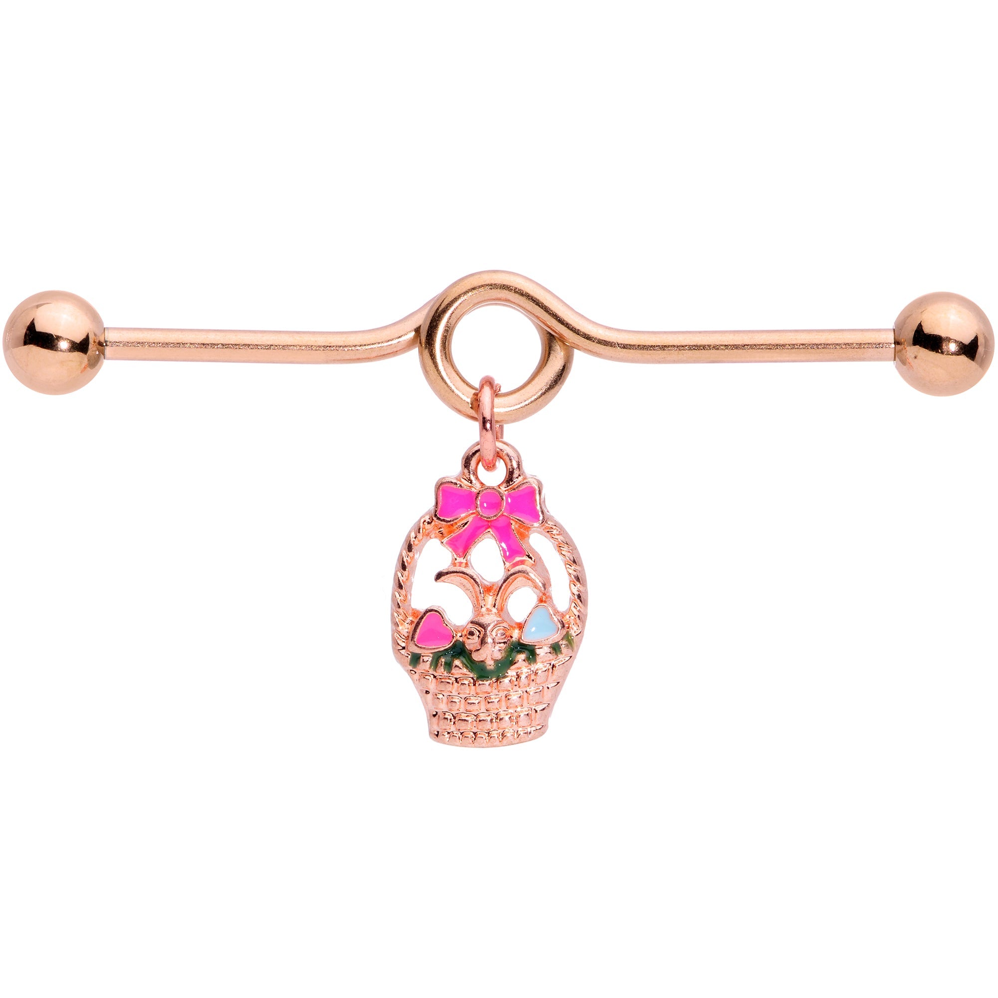 BodyCandy 14G Rose Gold Tone Easter Basket Dangle Project Bar 38mm — detail close-up