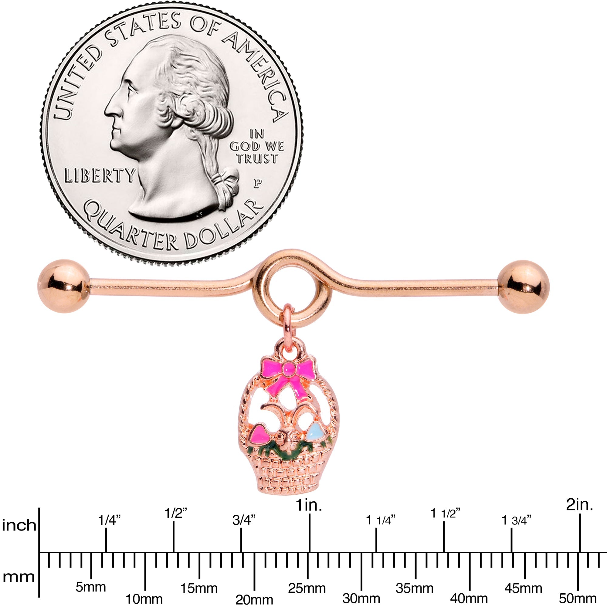 BodyCandy 14G Rose Gold Tone Easter Basket Dangle Project Bar 38mm — lifestyle context