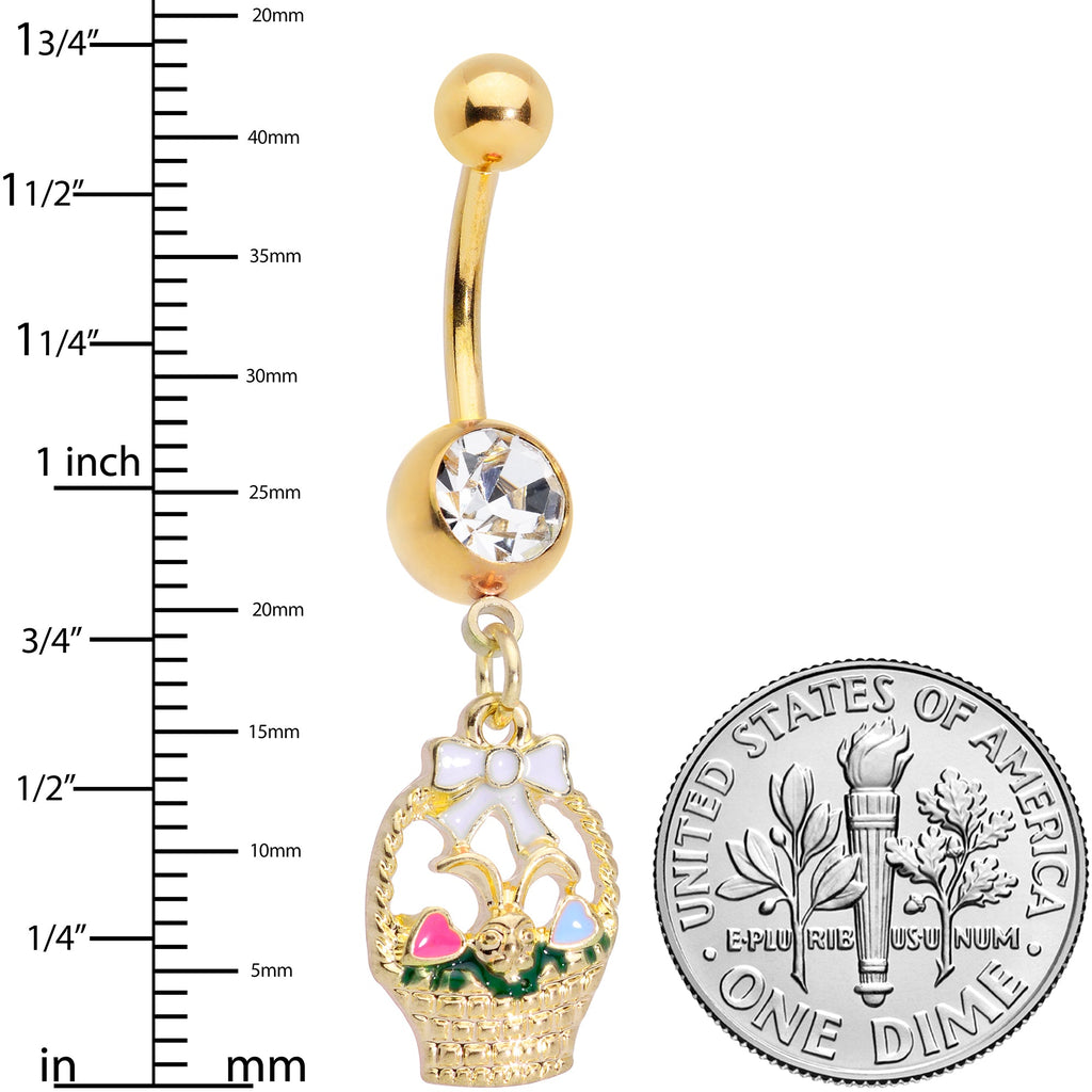 BodyCandy Clear Gem Gold Tone Easter Basket Dangle Belly Ring — detail close-up