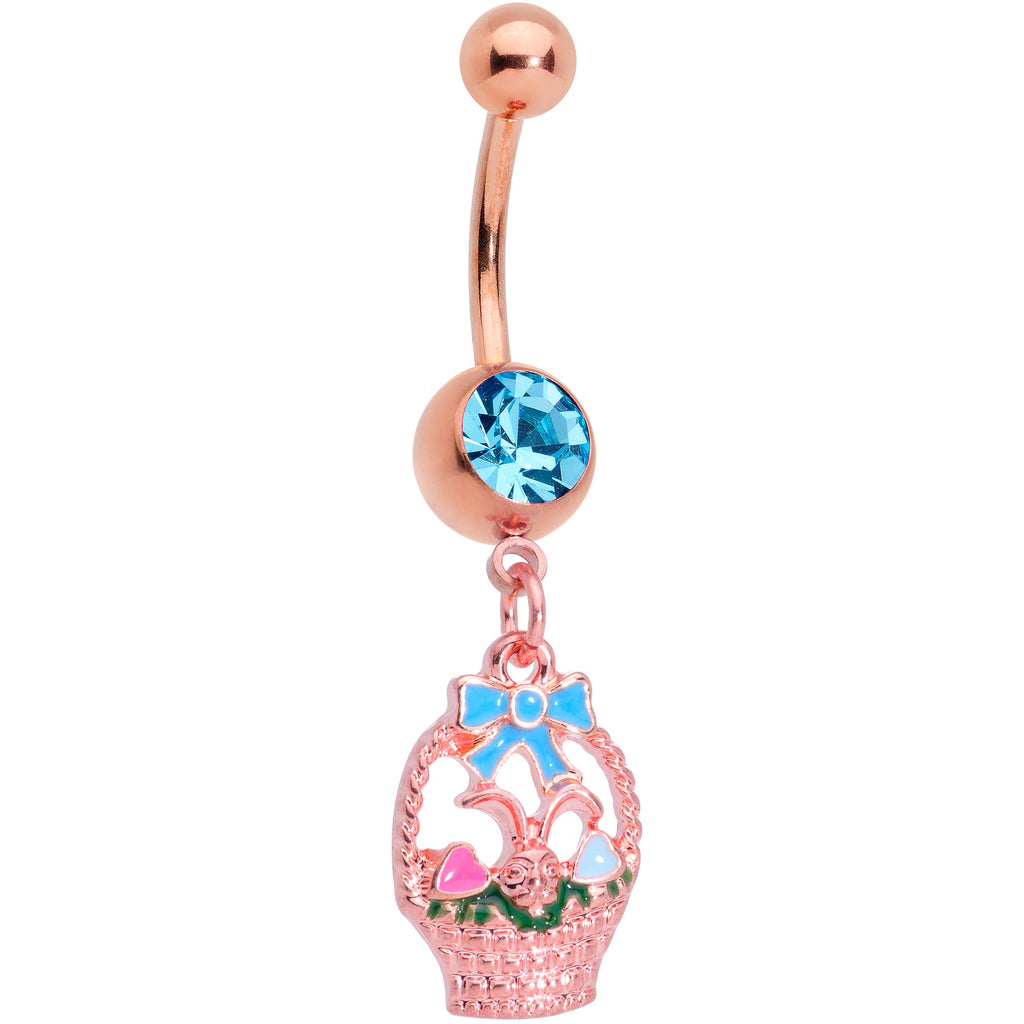 BodyCandy Aqua Gem Rose Gold Tone Easter Basket Dangle Belly Ring — main product shot