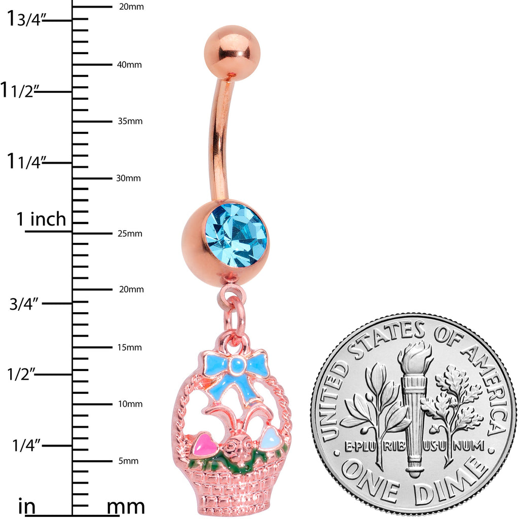 BodyCandy Aqua Gem Rose Gold Tone Easter Basket Dangle Belly Ring — detail close-up