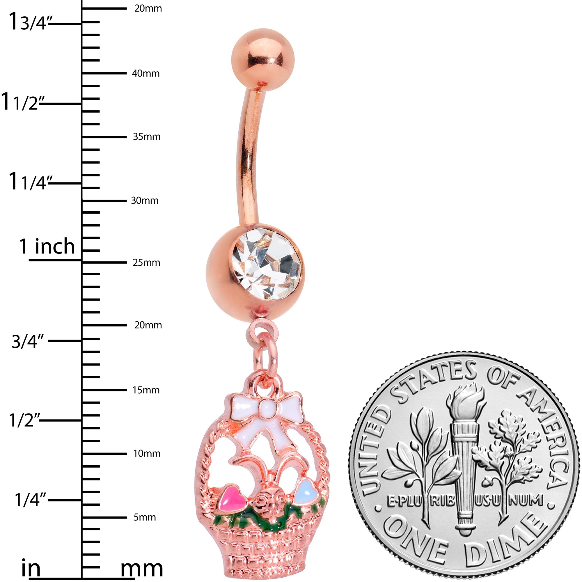 BodyCandy Clear Gem Rose Gold Tone Easter Basket Dangle Belly Ring — detail close-up
