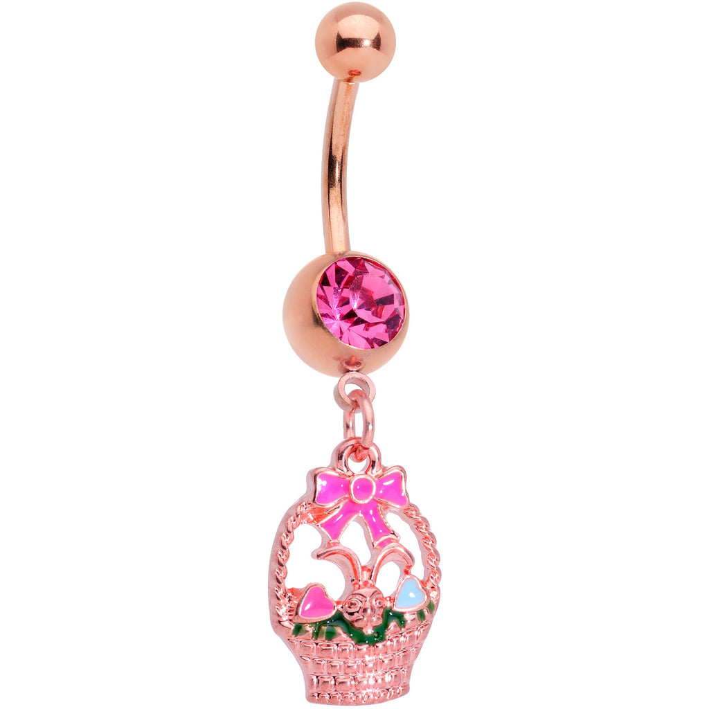 BodyCandy Pink Gem Rose Gold Tone Easter Basket Dangle Belly Ring — main product shot