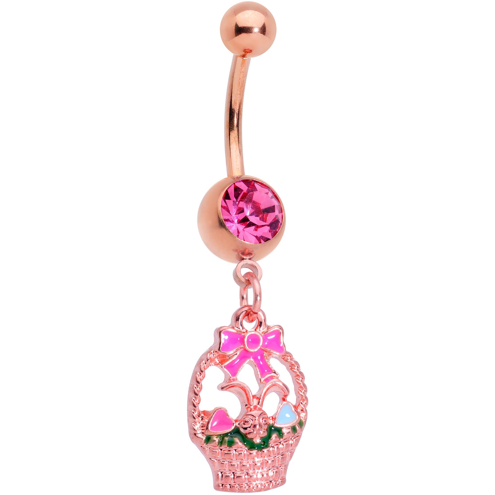 BodyCandy Pink Gem Rose Gold Tone Easter Basket Dangle Belly Ring — main product shot