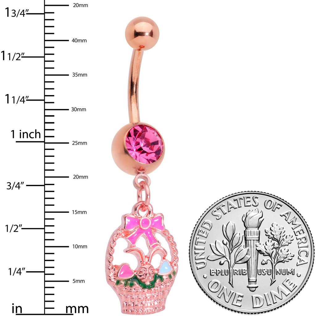BodyCandy Pink Gem Rose Gold Tone Easter Basket Dangle Belly Ring — detail close-up